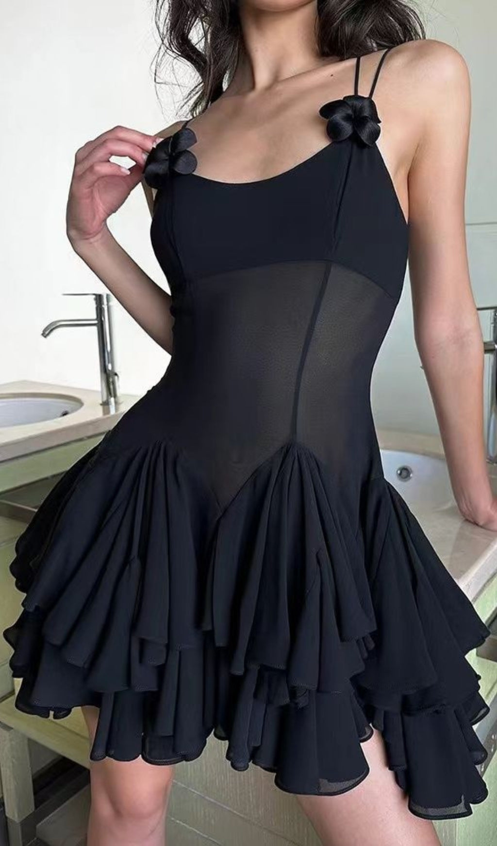 Almis Black Mesh Ruffle Mini Dress