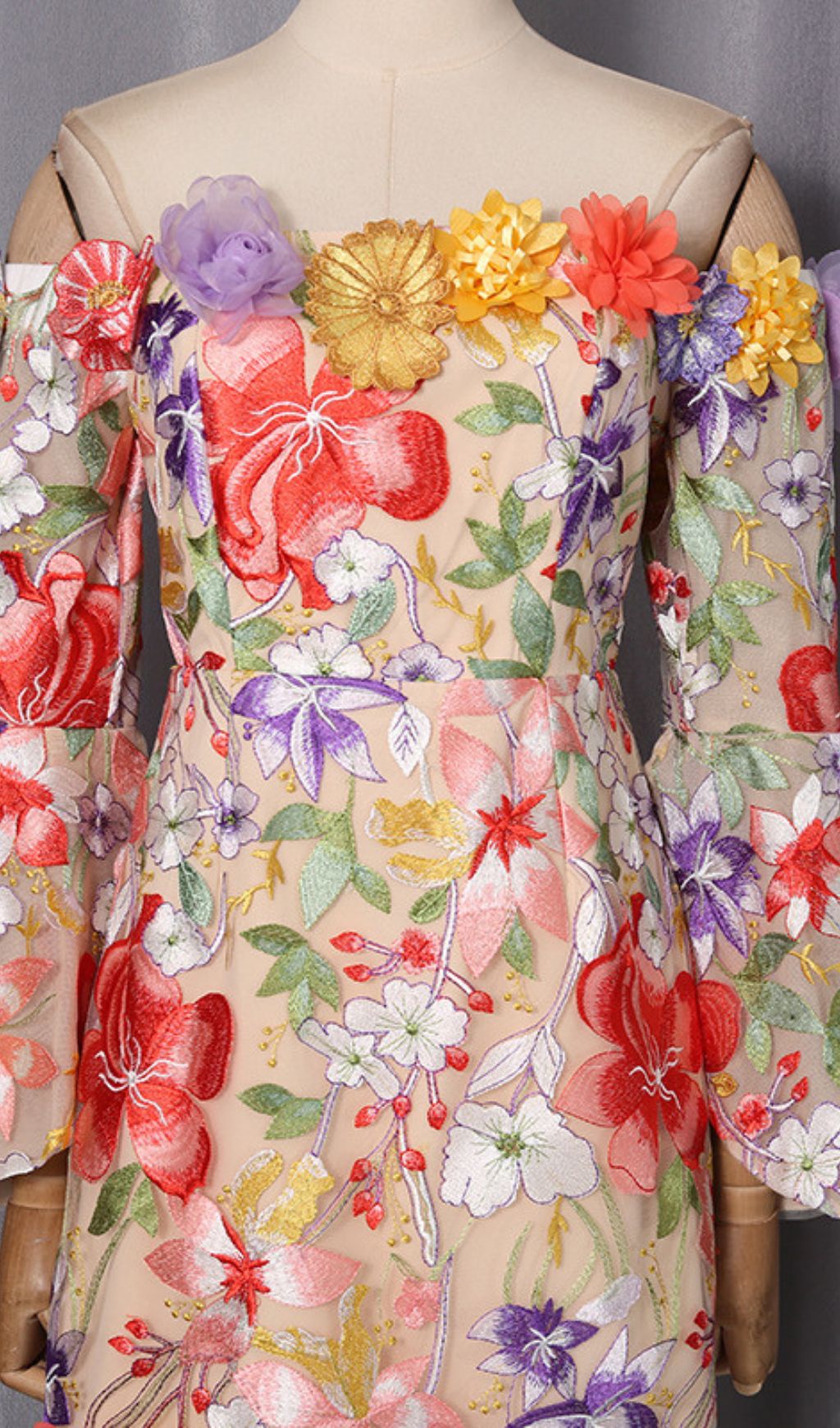 Iga Floral Embroidered Off-Shoulder Mini Dress | Whimsical 3D Blooms & Bell Sleeves