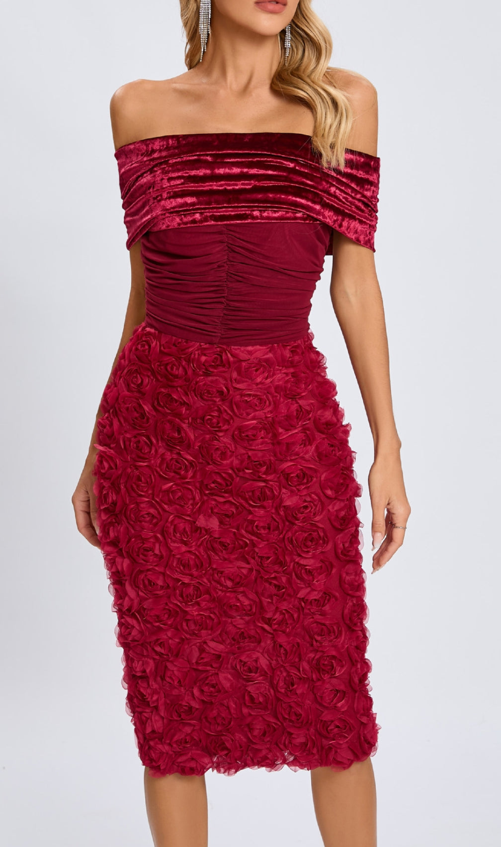 Colletta Red Off-Shoulder Ruched Flower Midi Dress