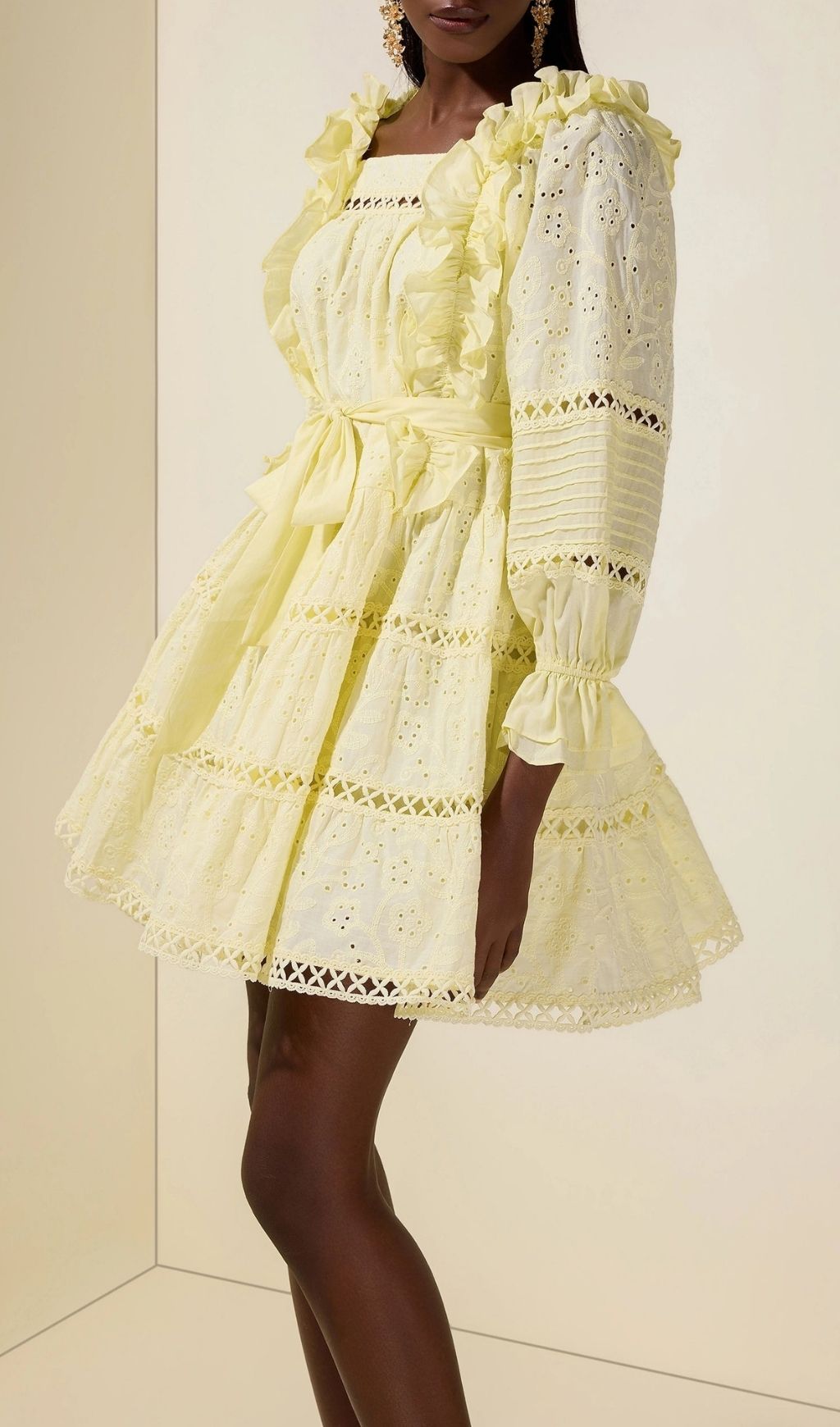 Victoria Embroidered Hollow Ruffle Mini Dress - Yellow