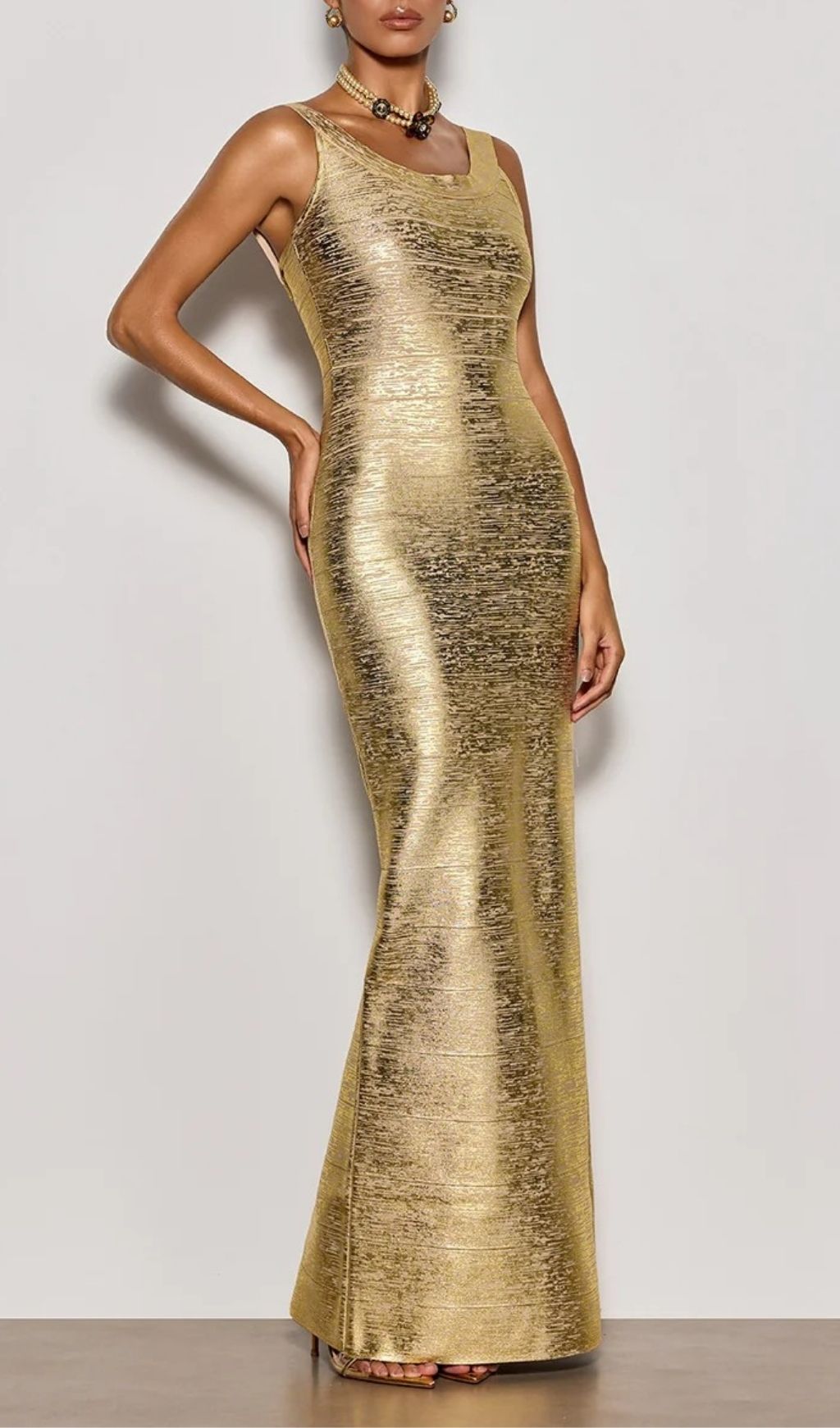 Ravixor U Neck Bandage Maxi Dress In Gold