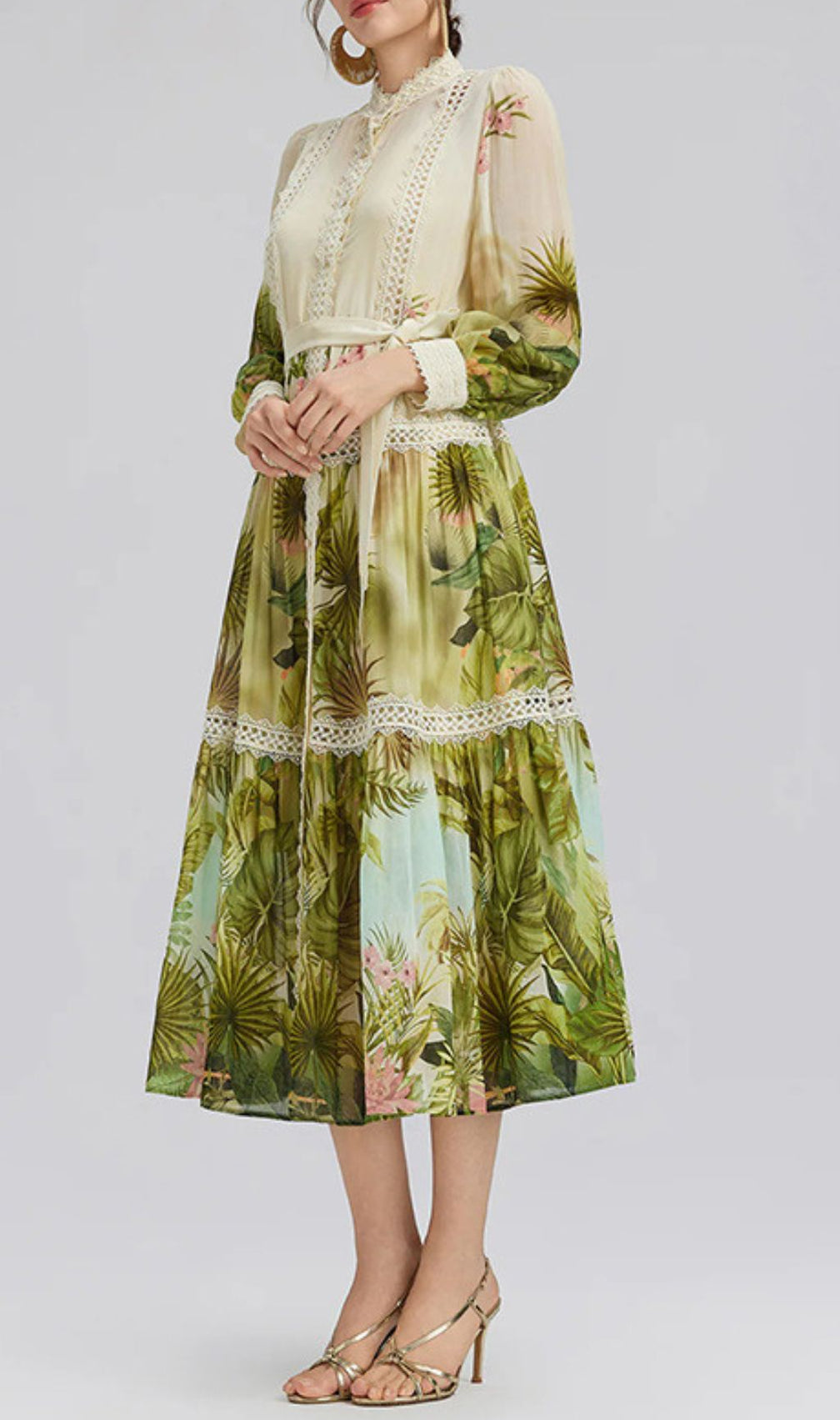Elegant Tropical Hibiscus Print Tiered Midi Dress with Lace & Tie-Waist