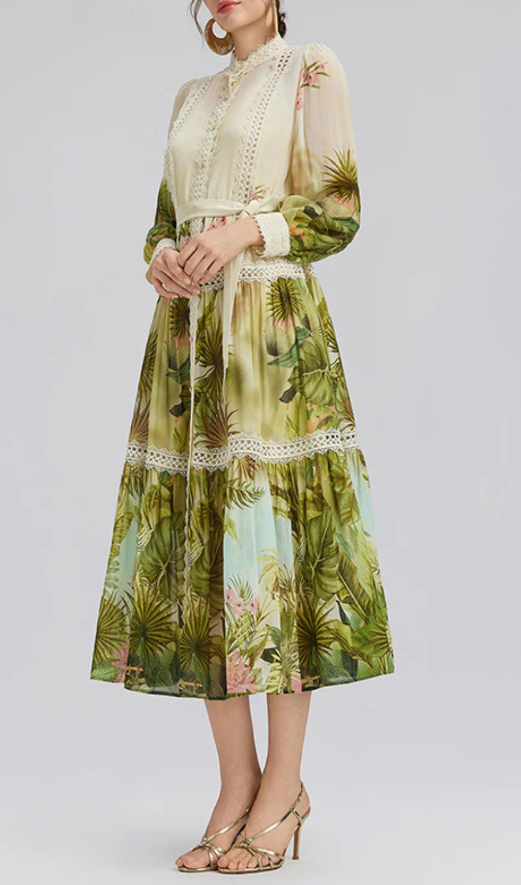 Elegant Tropical Hibiscus Print Tiered Midi Dress with Lace & Tie-Waist