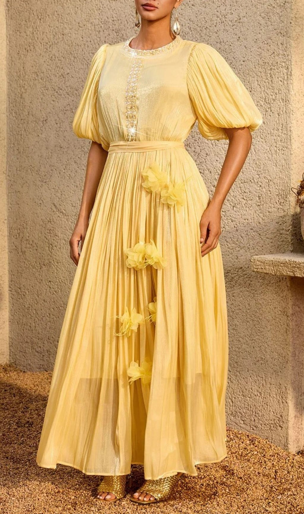 Istralion Puff Sleeve Flower Sequin Maxi Dress