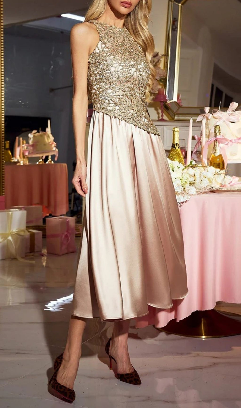 Xorvin Golden Lace Bodice & Champagne Satin Midi Dress - Elegant Sleeveless Cocktail & Party Gown