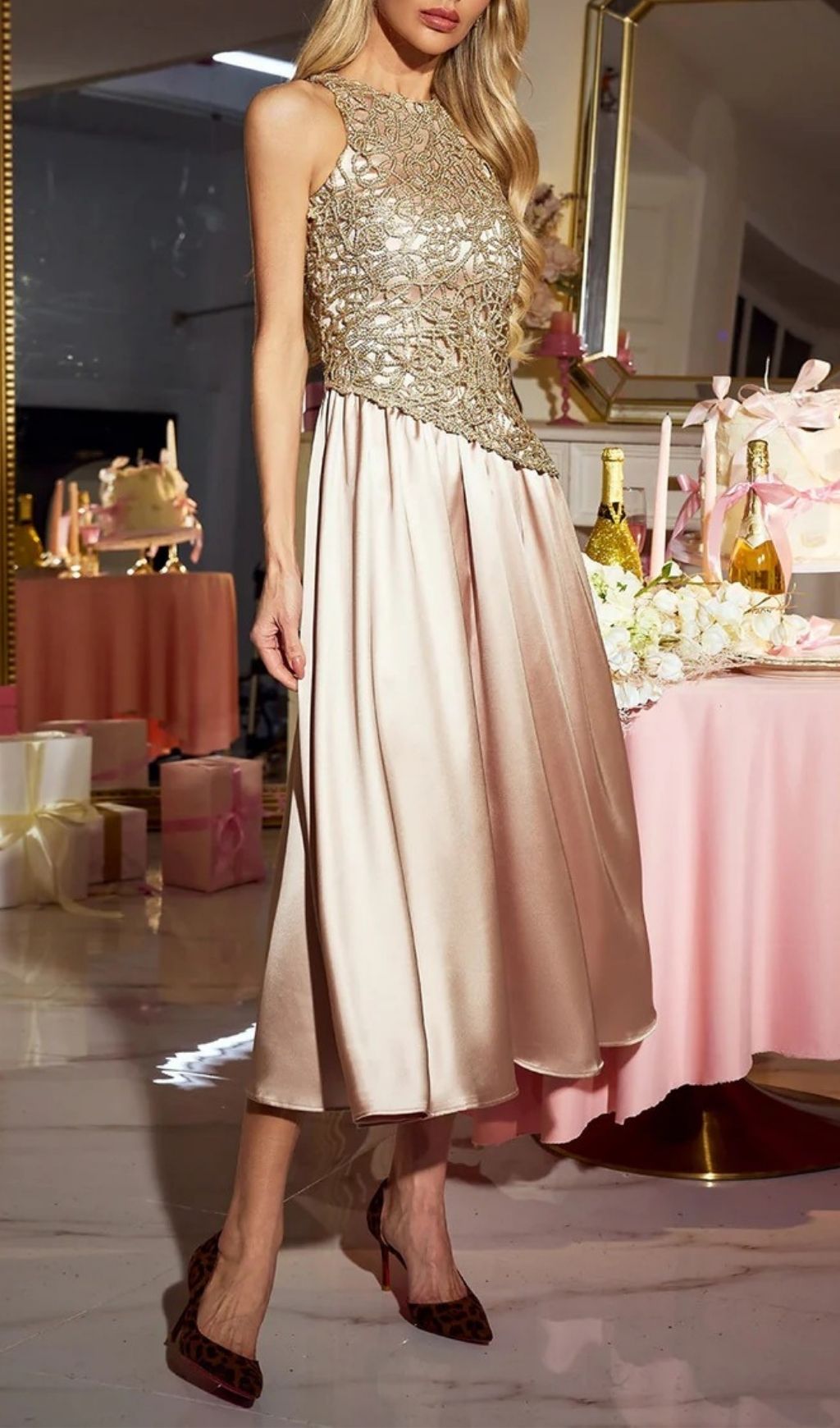 Xorvin Golden Lace Bodice & Champagne Satin Midi Dress - Elegant Sleeveless Cocktail & Party Gown