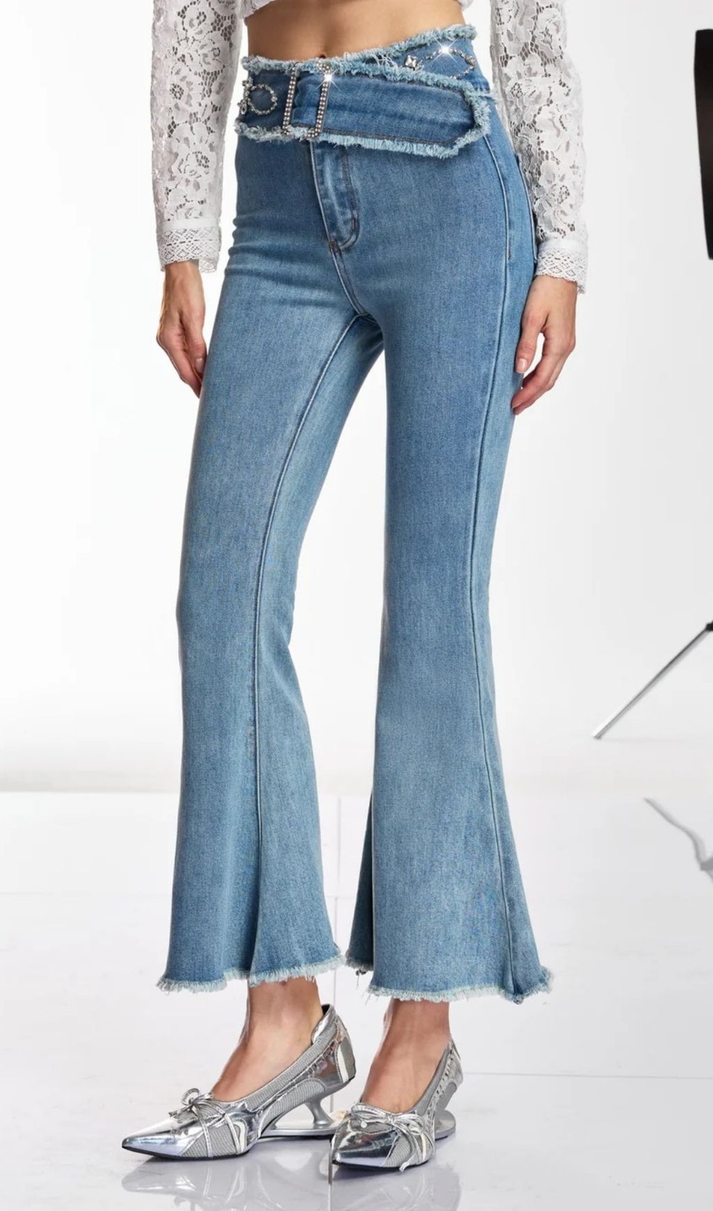 Danette Rhinestone Belted Flare Jeans - High-Waisted Glam Denim
