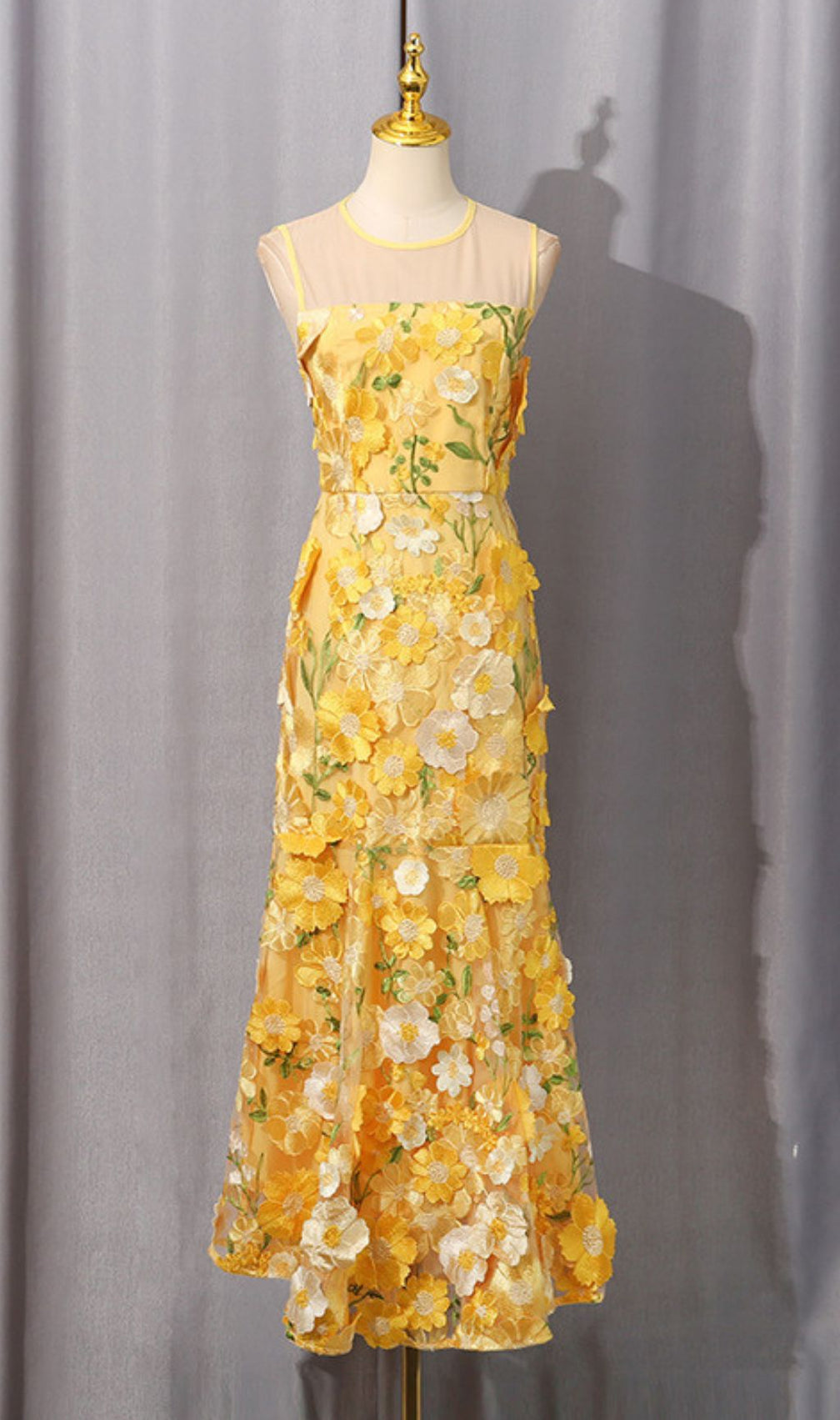 Hiraku Enchanted Yellow 3D Floral Embroidery Maxi Dress - Romantic Wedding Guest & Special Occasion Gown