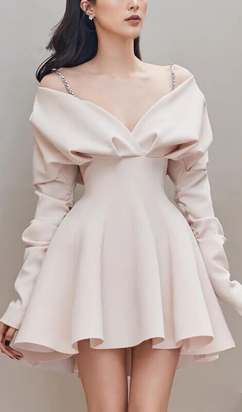 V-Neck Long-Sleeved A-Line Suspender Dress