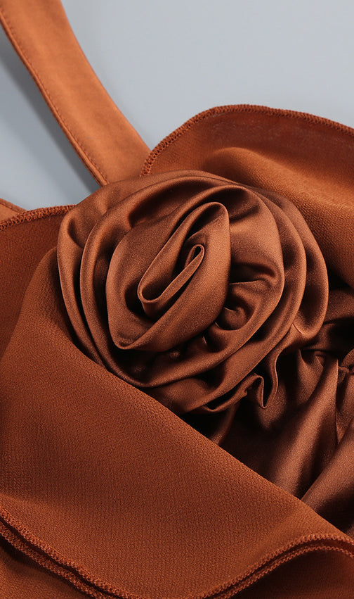 Jerom Opulent Brown Halter Ruched Mini Dress with Rosette Detail