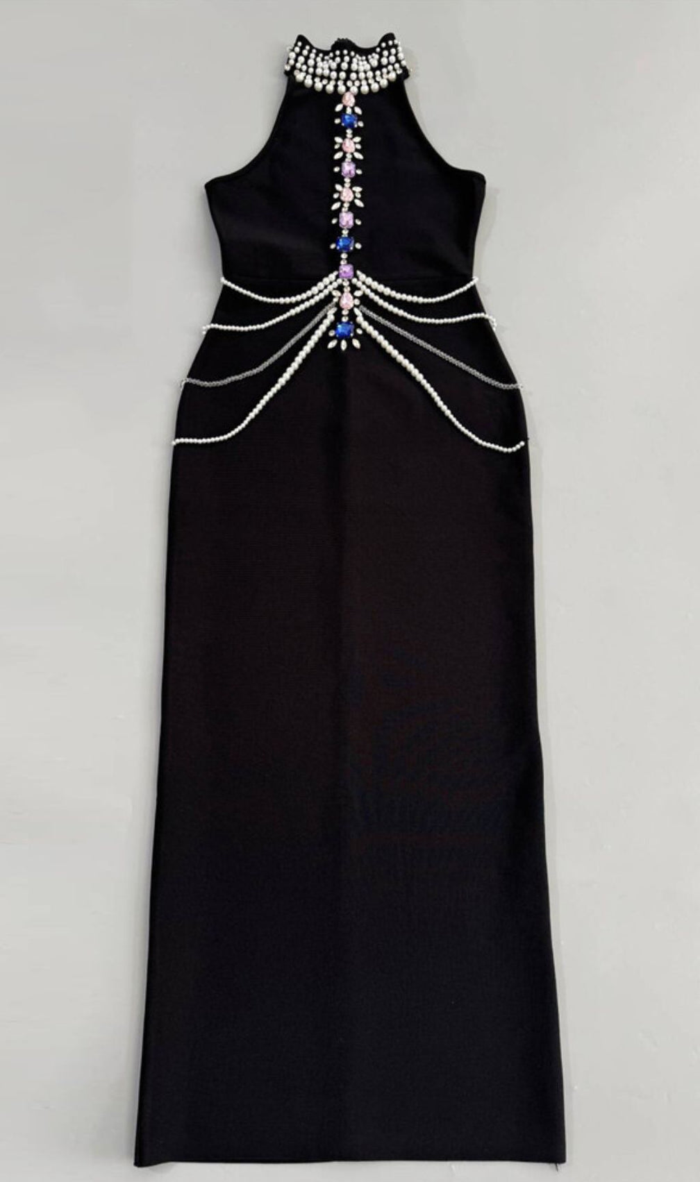 Janae Black Diamante Embellished Halter Neck Maxi Gown - Luxury Evening Dress
