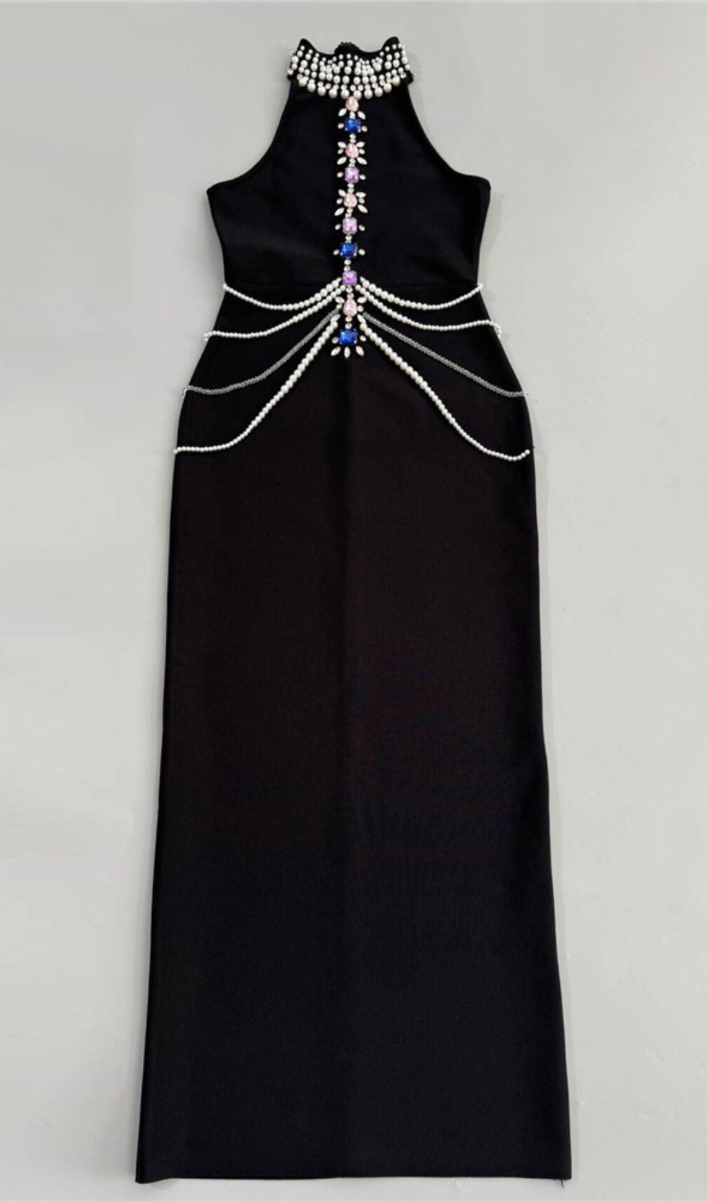 Janae Black Diamante Embellished Halter Neck Maxi Gown - Luxury Evening Dress