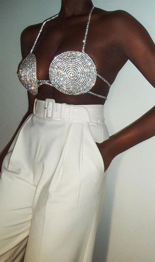 Rhinestone Embellished Silk Bra Top In Silver