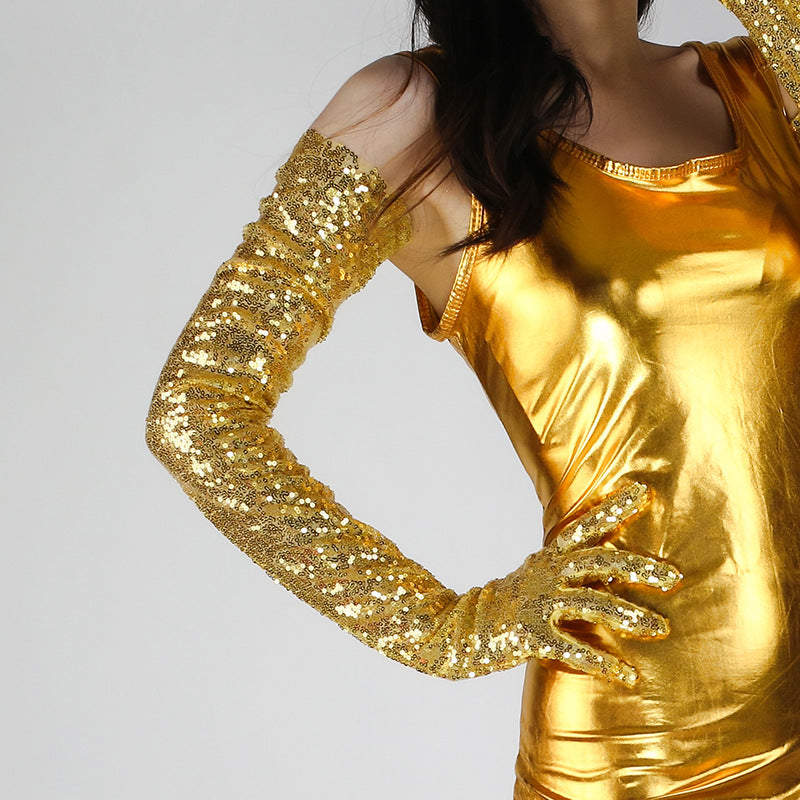 Dazzling Red Sequin Opera Length Gloves - Glamorous Evening & Party Wear