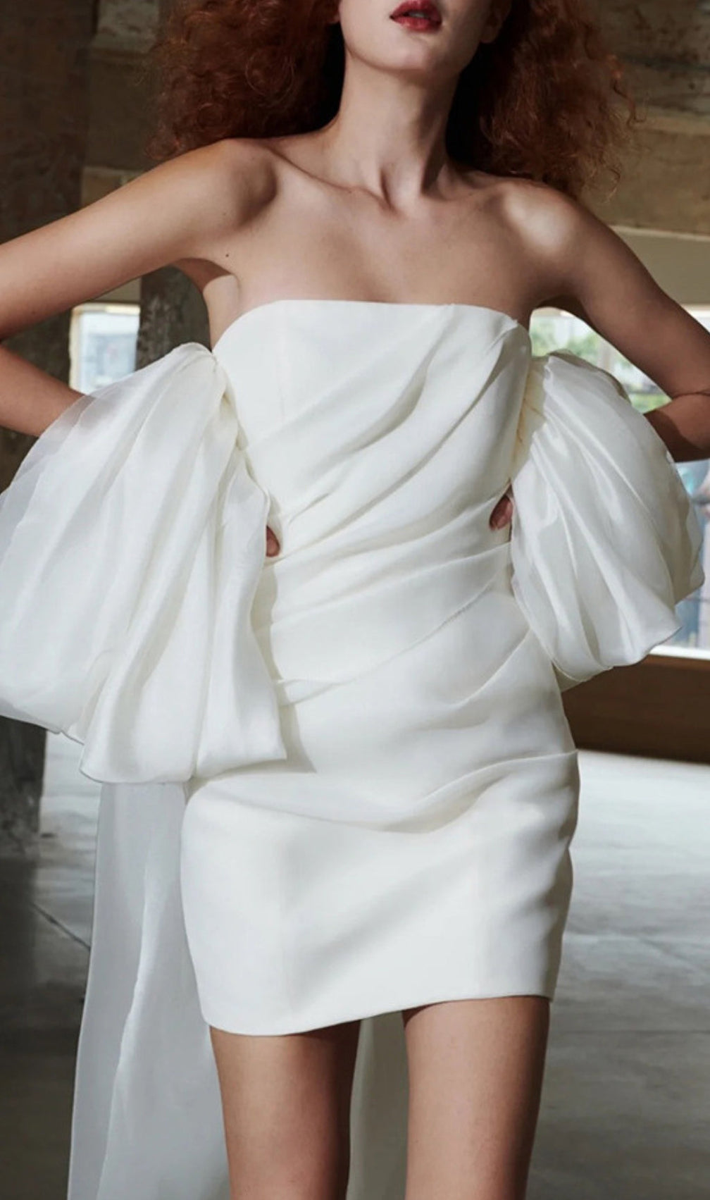 White Puff Sleeve Strapless Mini Dress