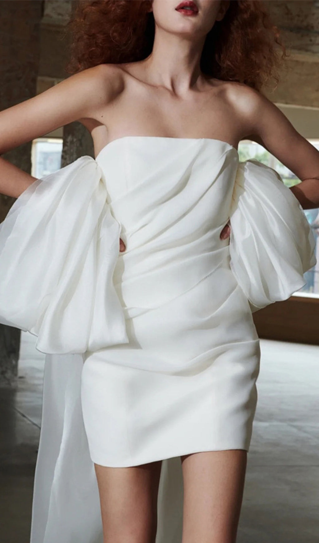 White Puff Sleeve Strapless Mini Dress