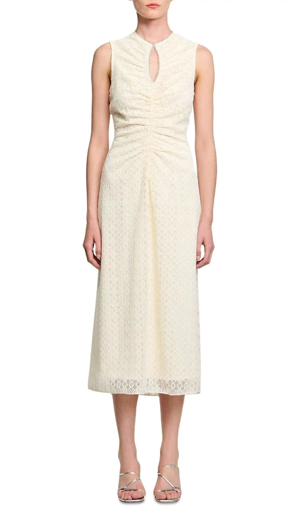 Chic Rhinestone Keyhole Lace Midi Dress | Elegant Sleeveless A-Line