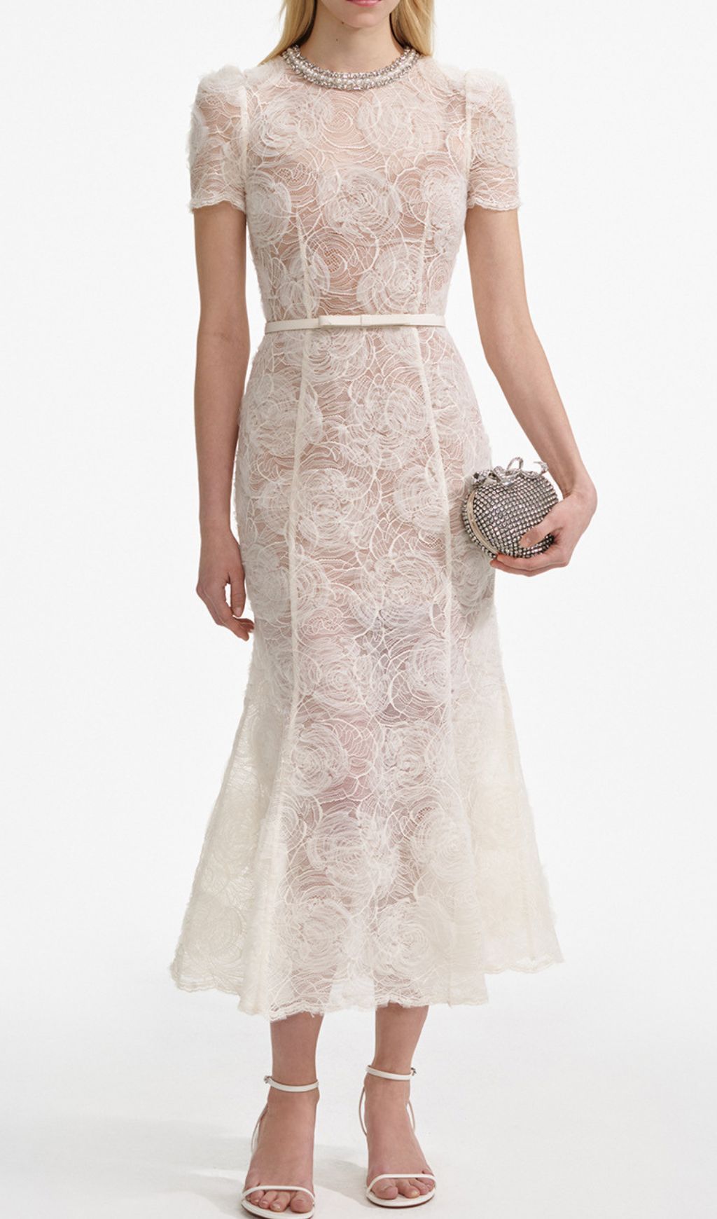 Finola White Lace Flower Midi Dress