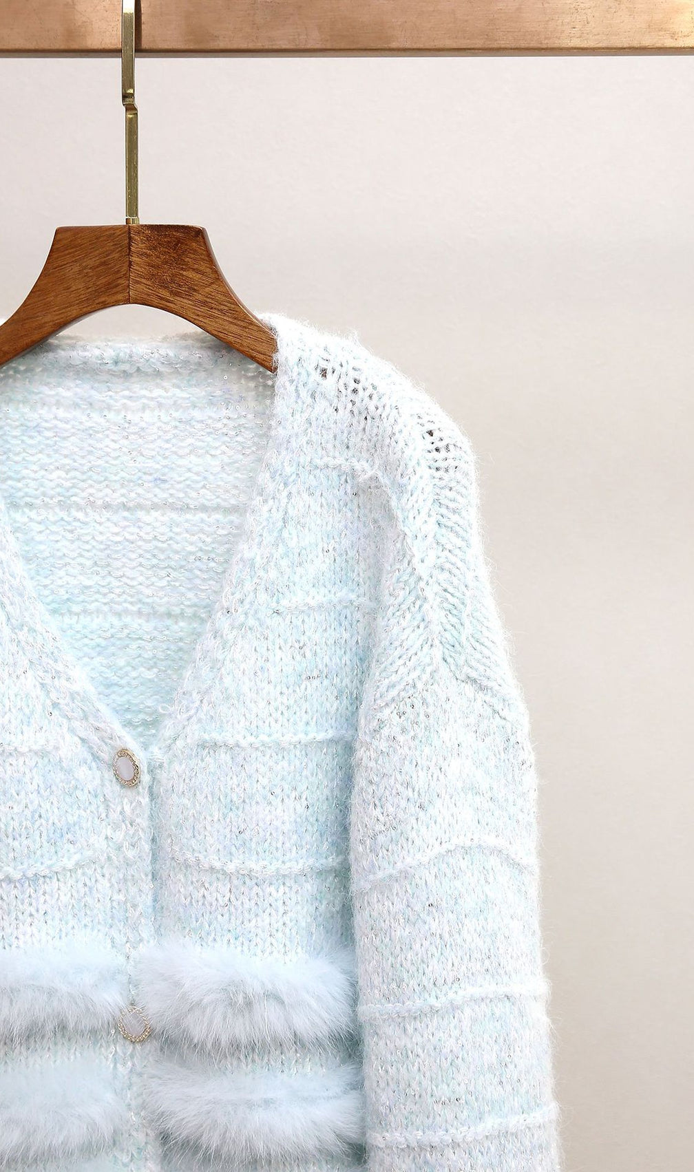 Joanie Luxe Blue Plush Knit Cardigan with Faux Fur Trim for Women