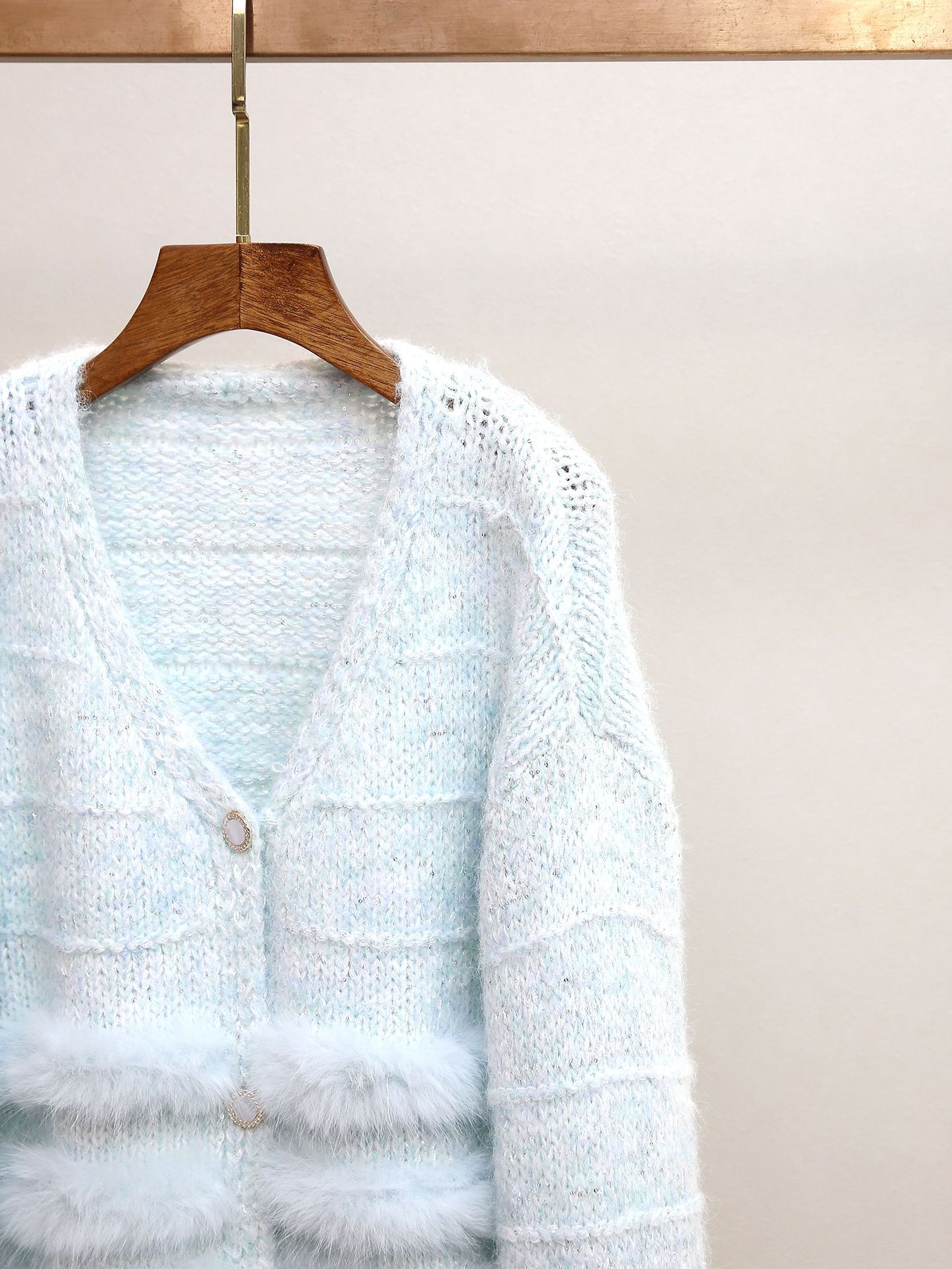 Joanie Luxe Blue Plush Knit Cardigan with Faux Fur Trim for Women