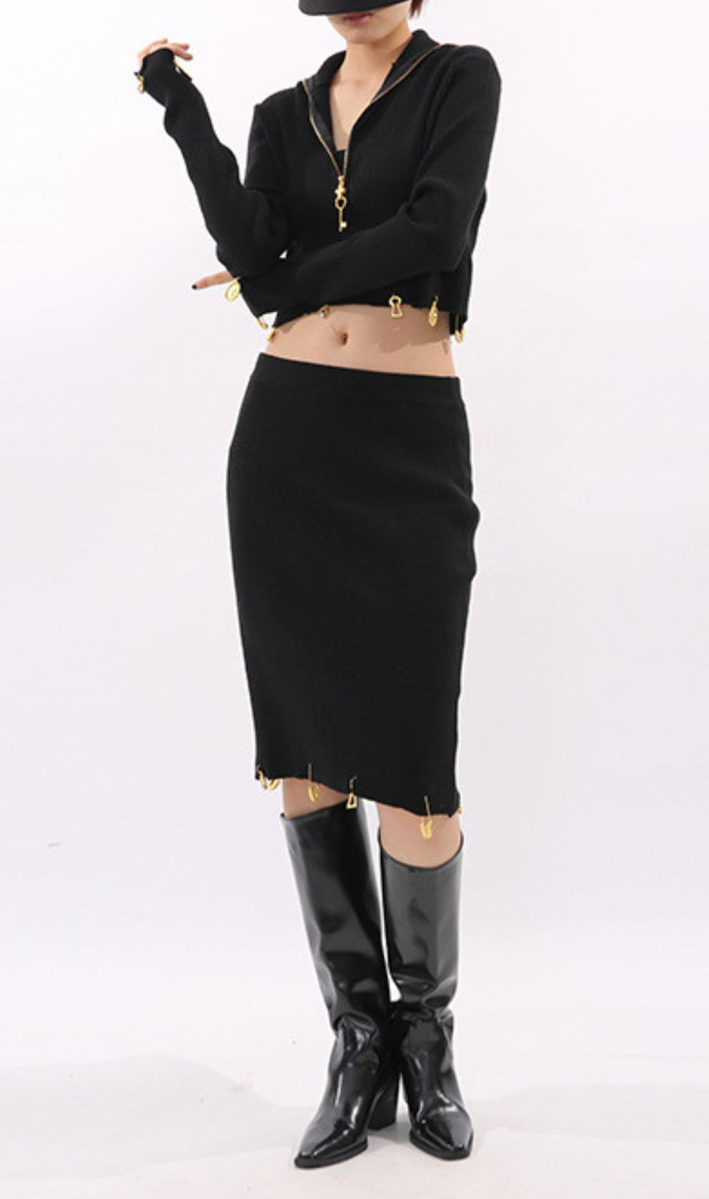 Idun Black Ribbed Knit Two-Piece Set | Edgy Cropped Top & Pencil Skirt with Gold Charms