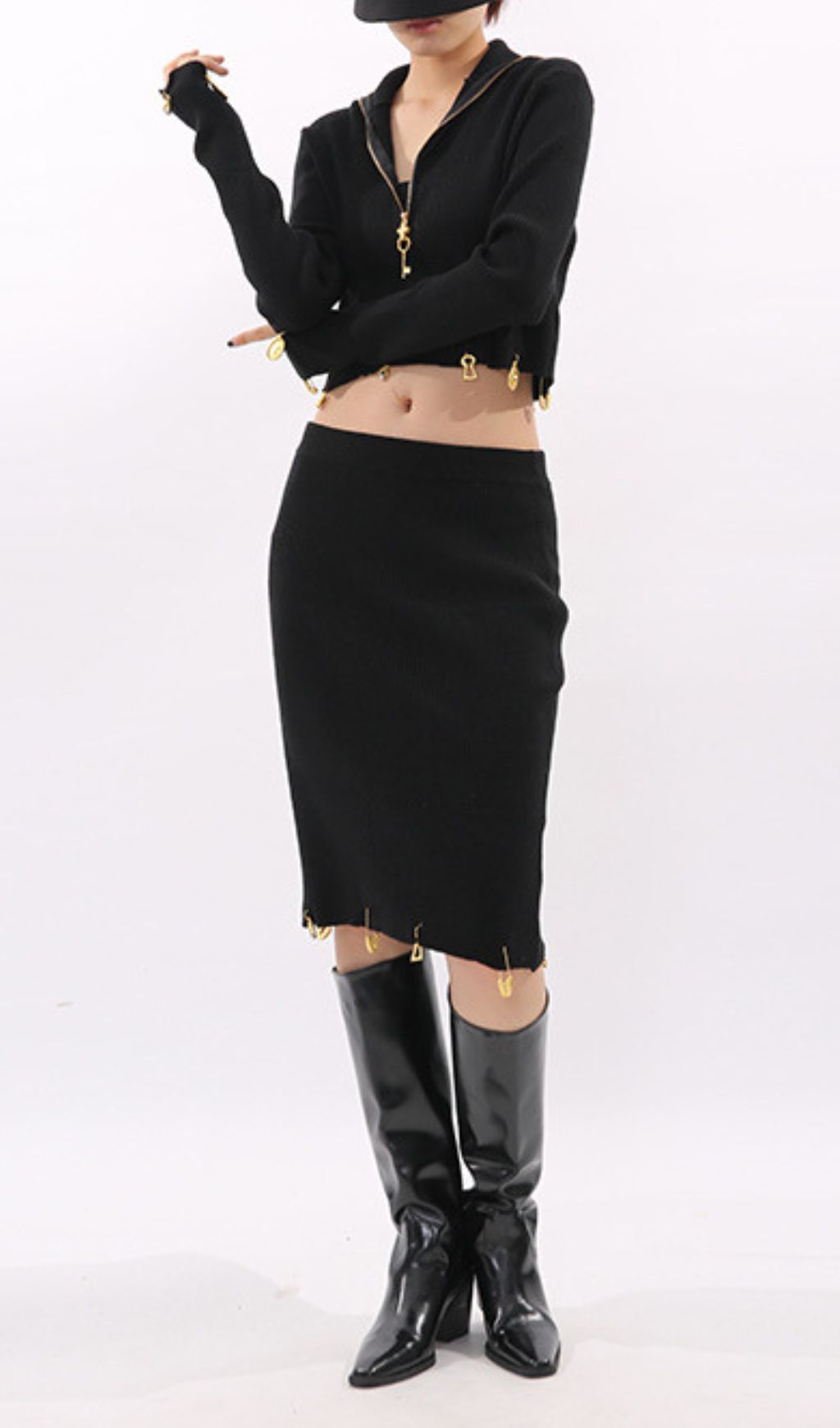 Idun Black Ribbed Knit Two-Piece Set | Edgy Cropped Top & Pencil Skirt with Gold Charms