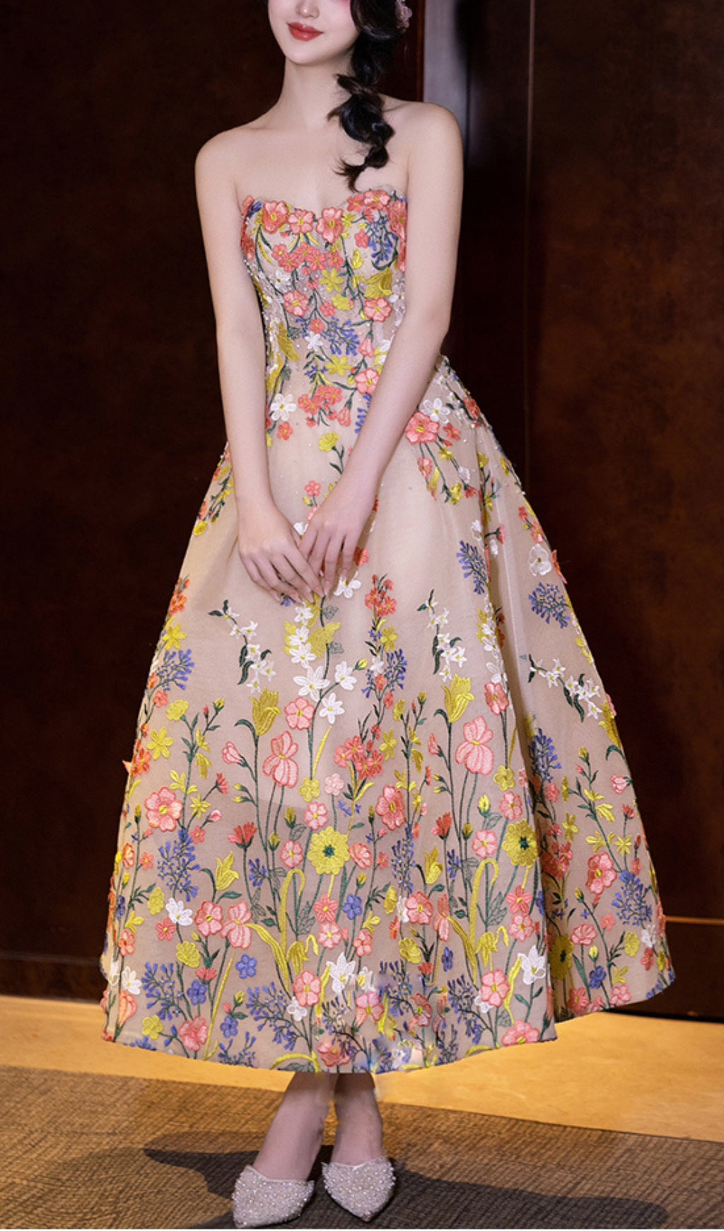 Strapless Tea Length Floral Midi Dress