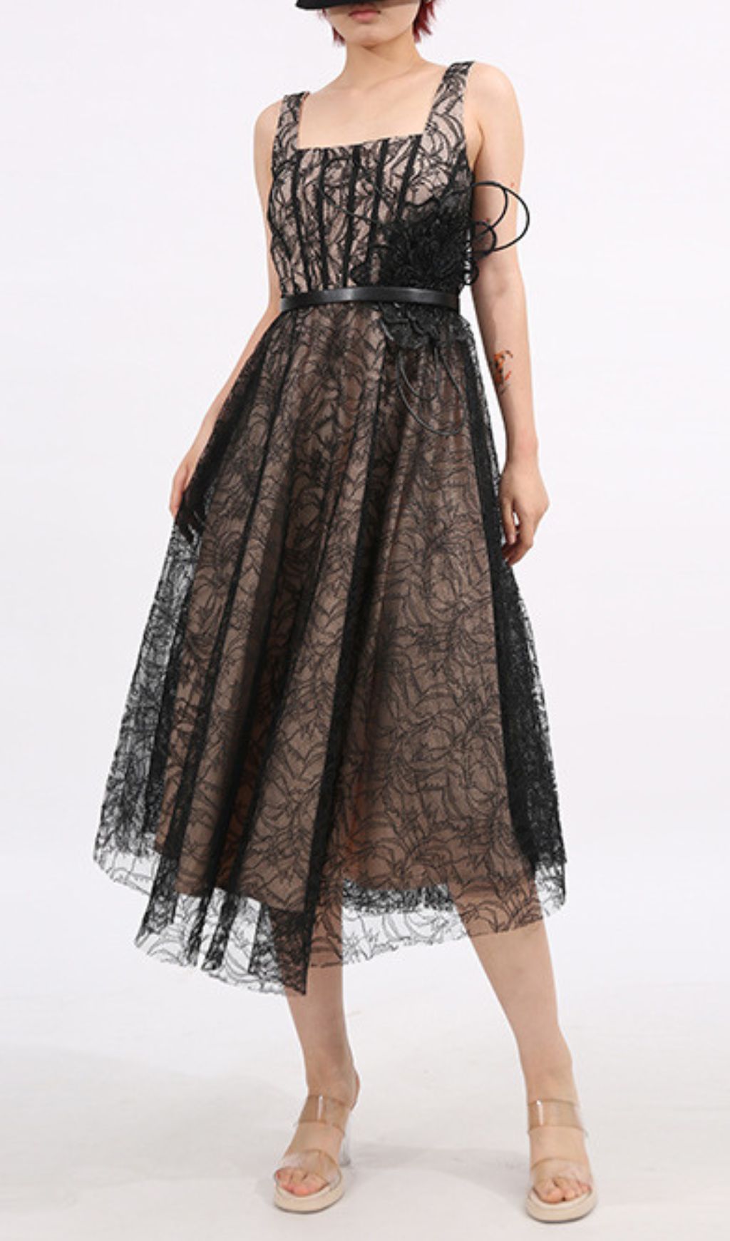 Frenchie Black Lace Flower Midi Dress