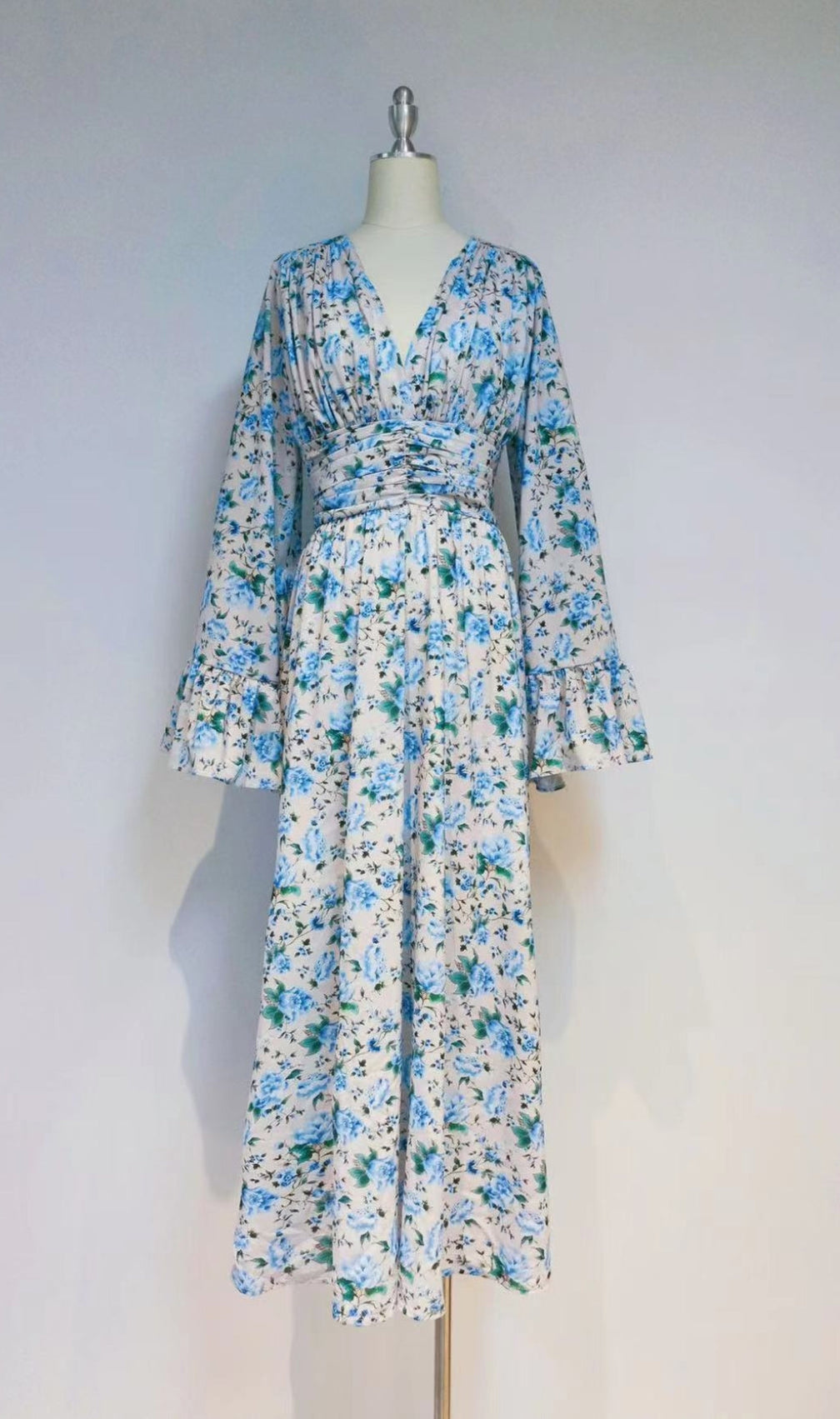 Aracely Blue V-Neck Floral Maxi Dress