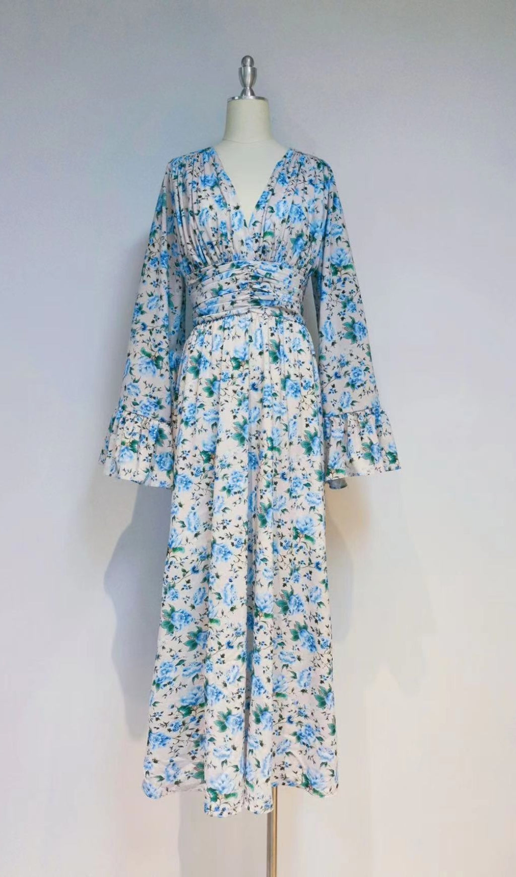 Aracely Blue V-Neck Floral Maxi Dress