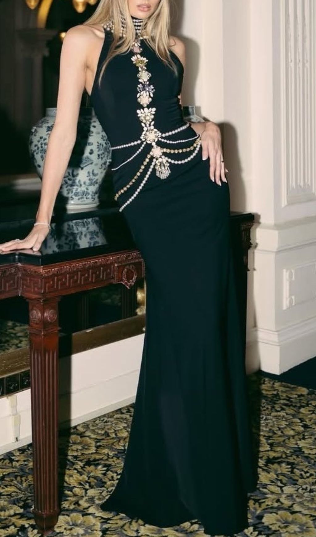 Janae Black Diamante Embellished Halter Neck Maxi Gown - Luxury Evening Dress