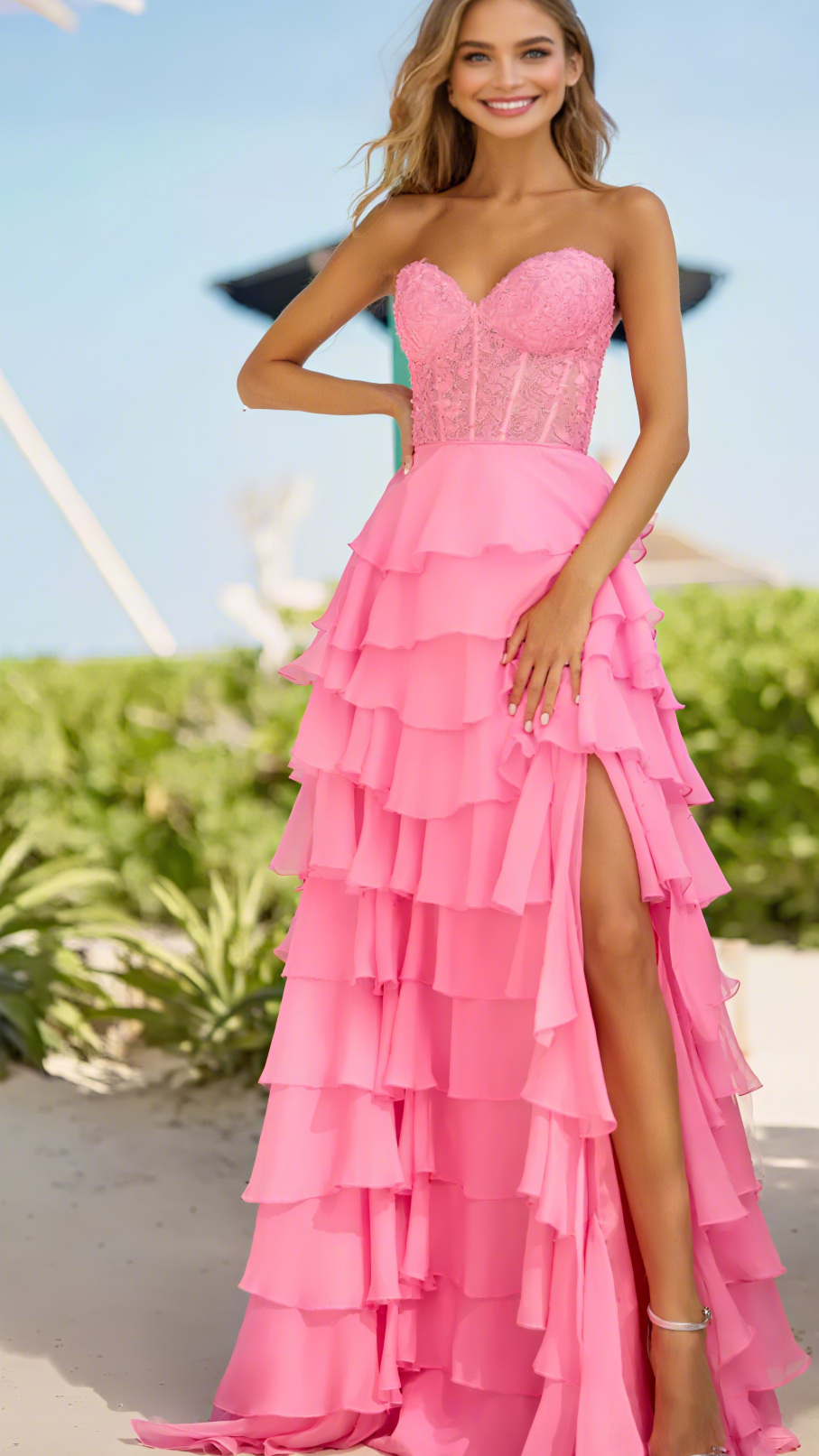 Chiffon strapless high split maxi dresses