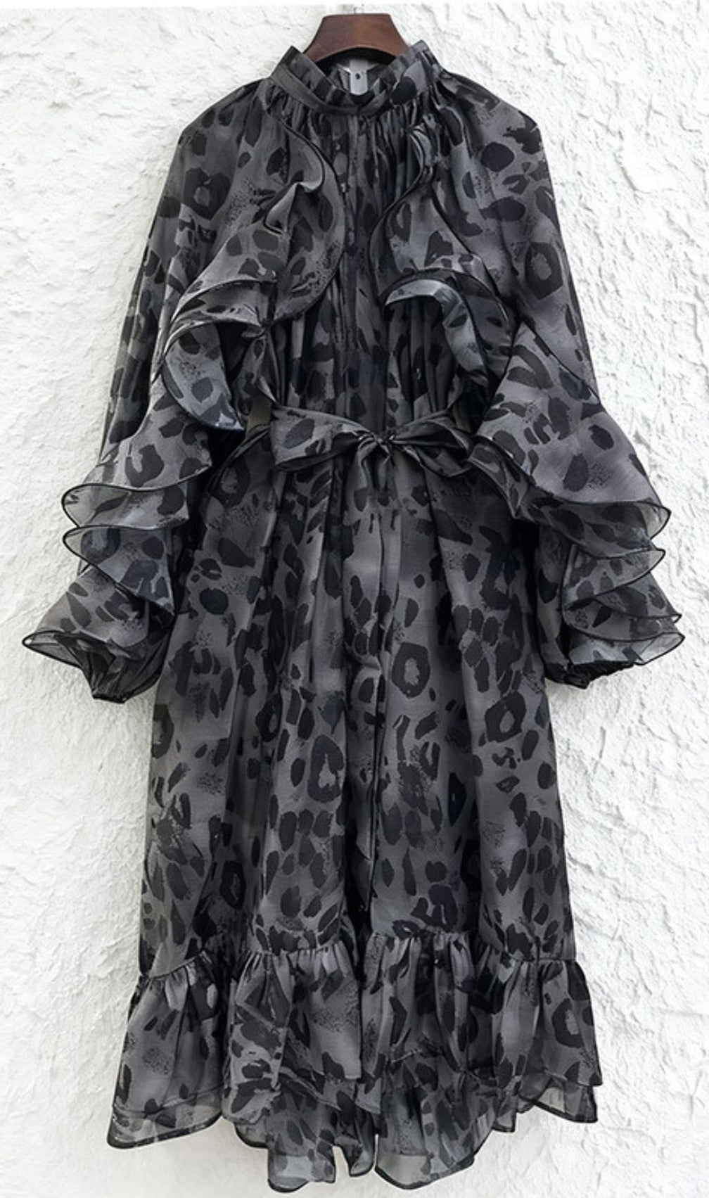 Chic Orange Leopard Ruffle Midi Dress | Long Sleeve Statement Style