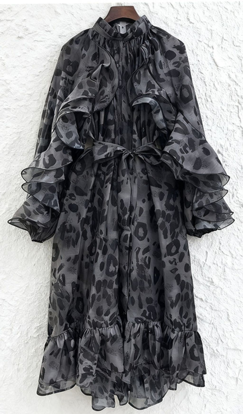 Chic Orange Leopard Ruffle Midi Dress | Long Sleeve Statement Style