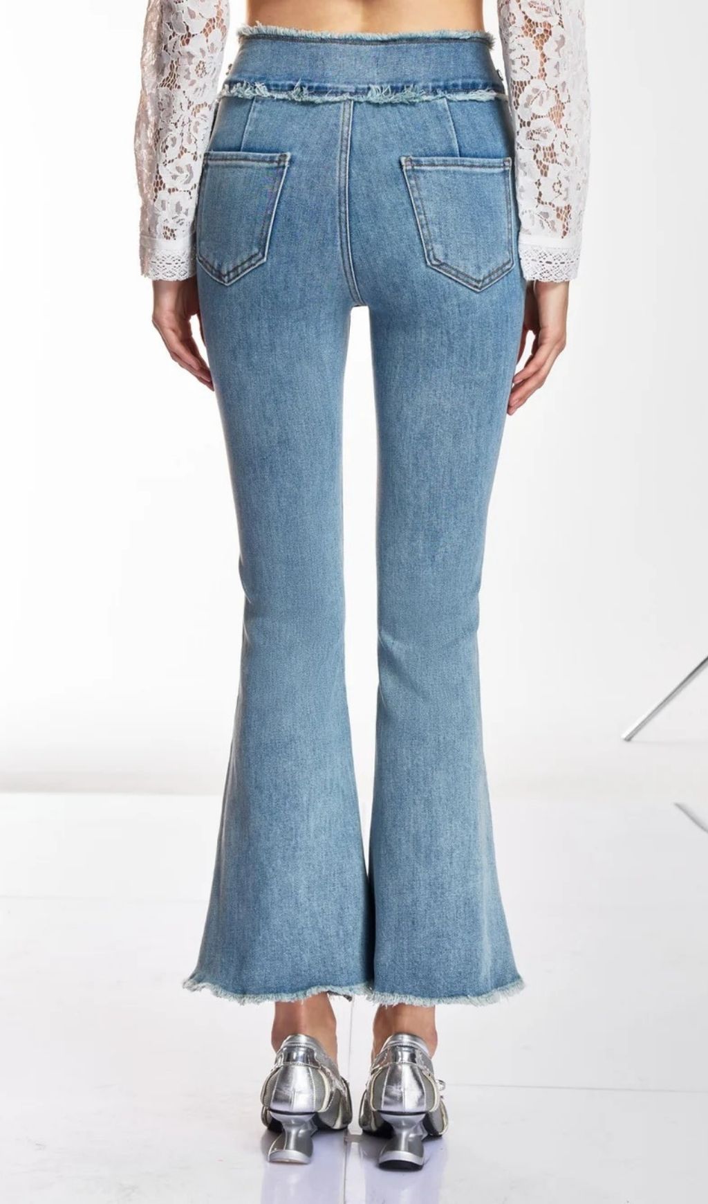 Danette Rhinestone Belted Flare Jeans - High-Waisted Glam Denim