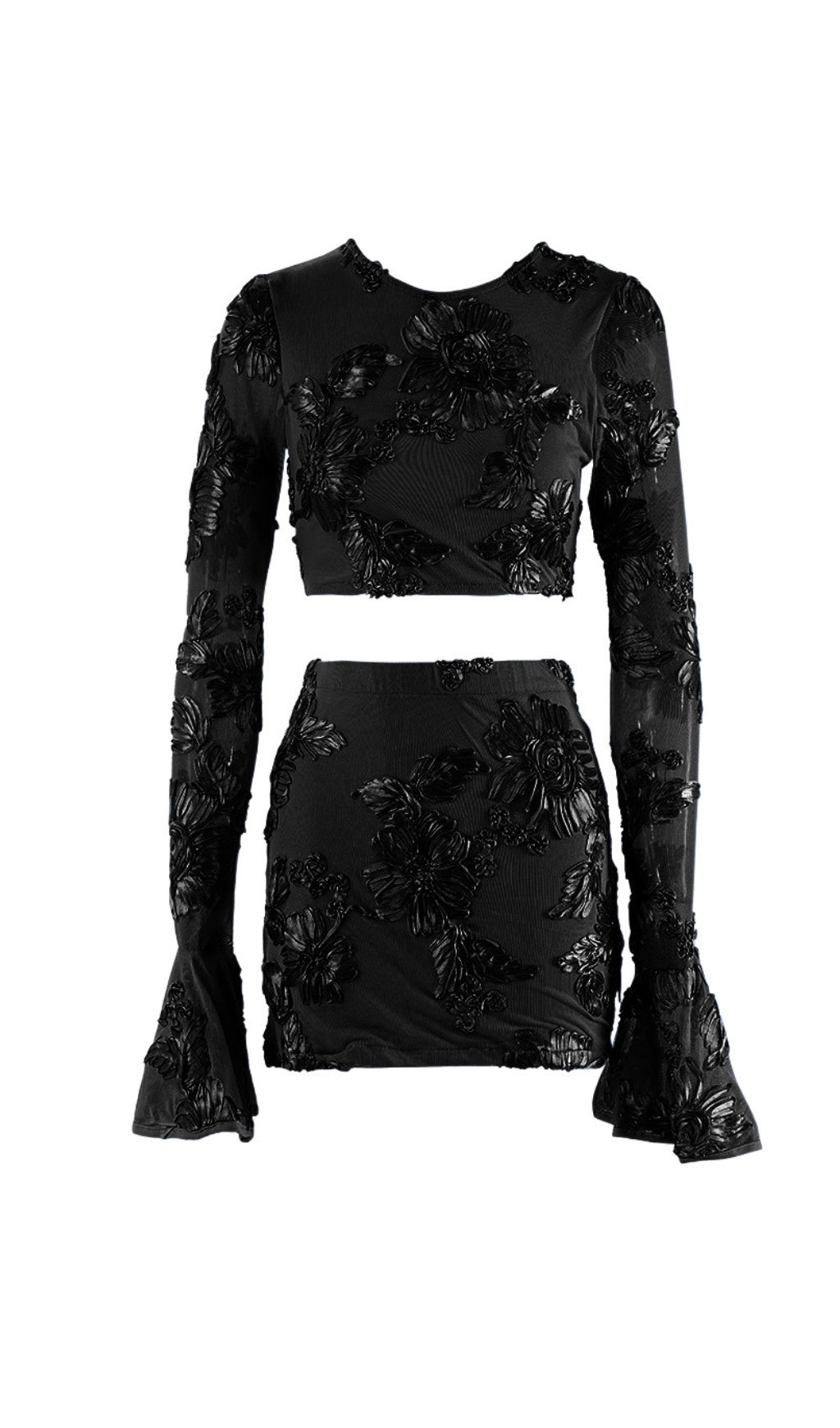 Daisy Flower Embroidery Flared Sleeve Skirt Set