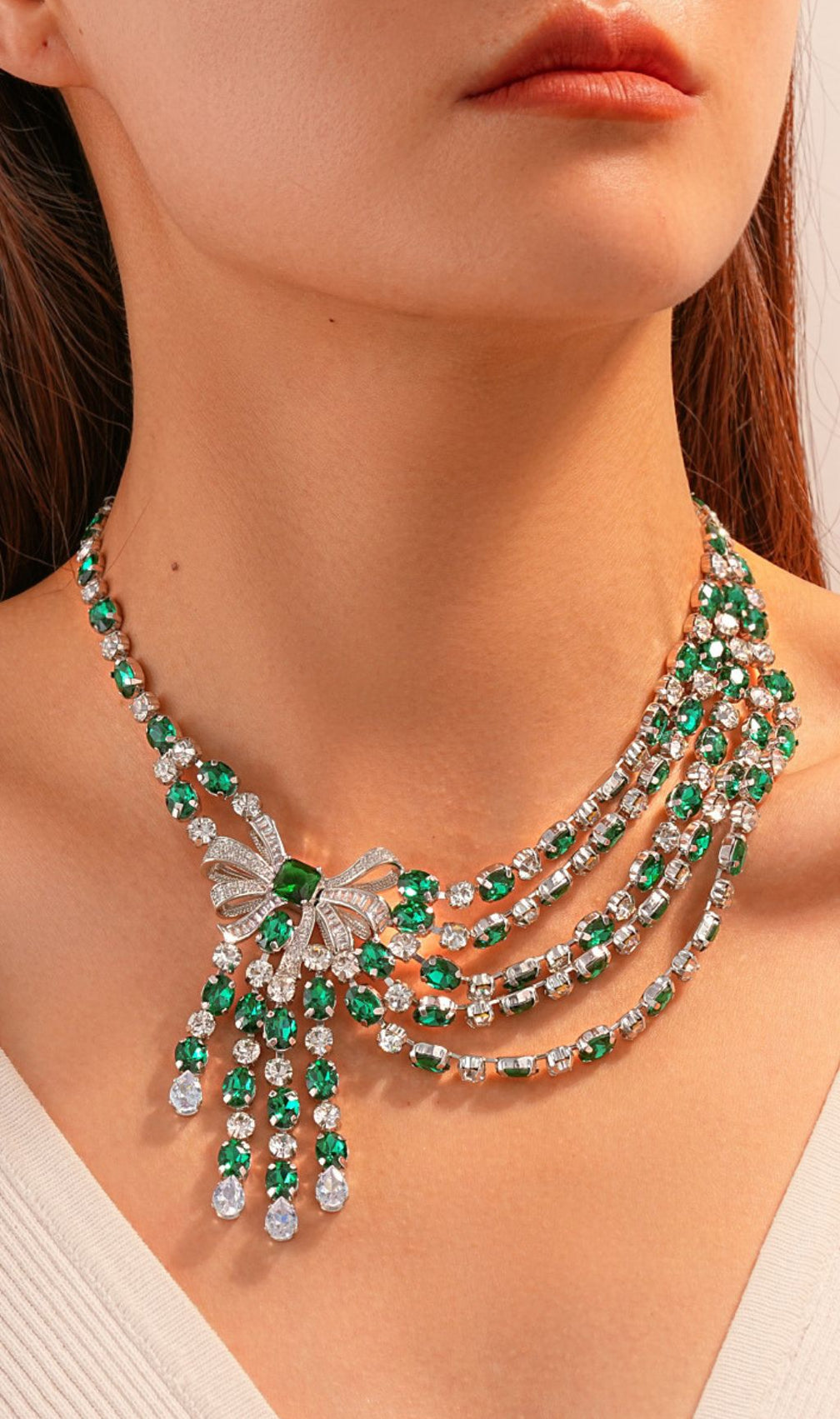 Elegant Emerald Green Bow Cubic Zirconia Jewelry Set