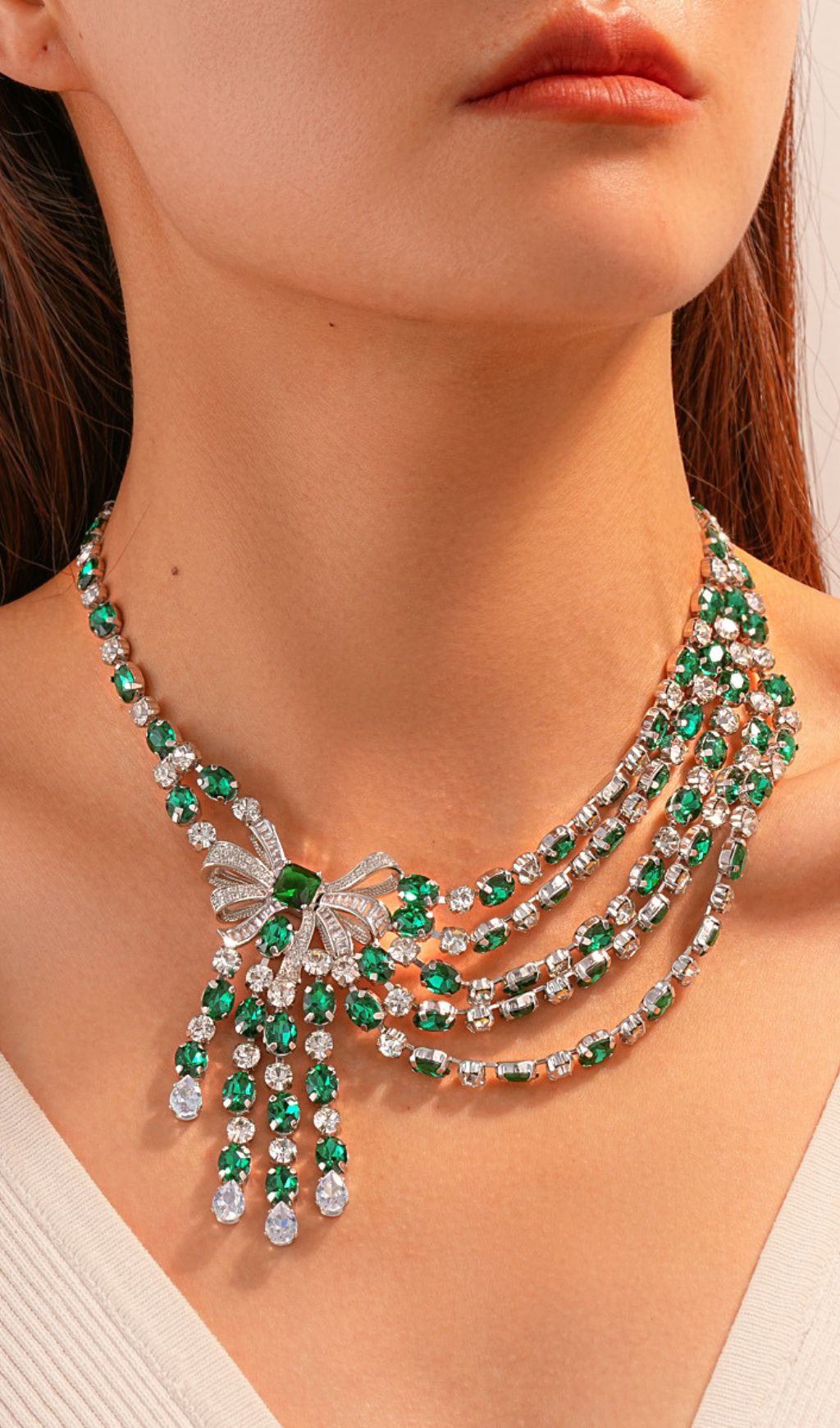 Elegant Emerald Green Bow Cubic Zirconia Jewelry Set