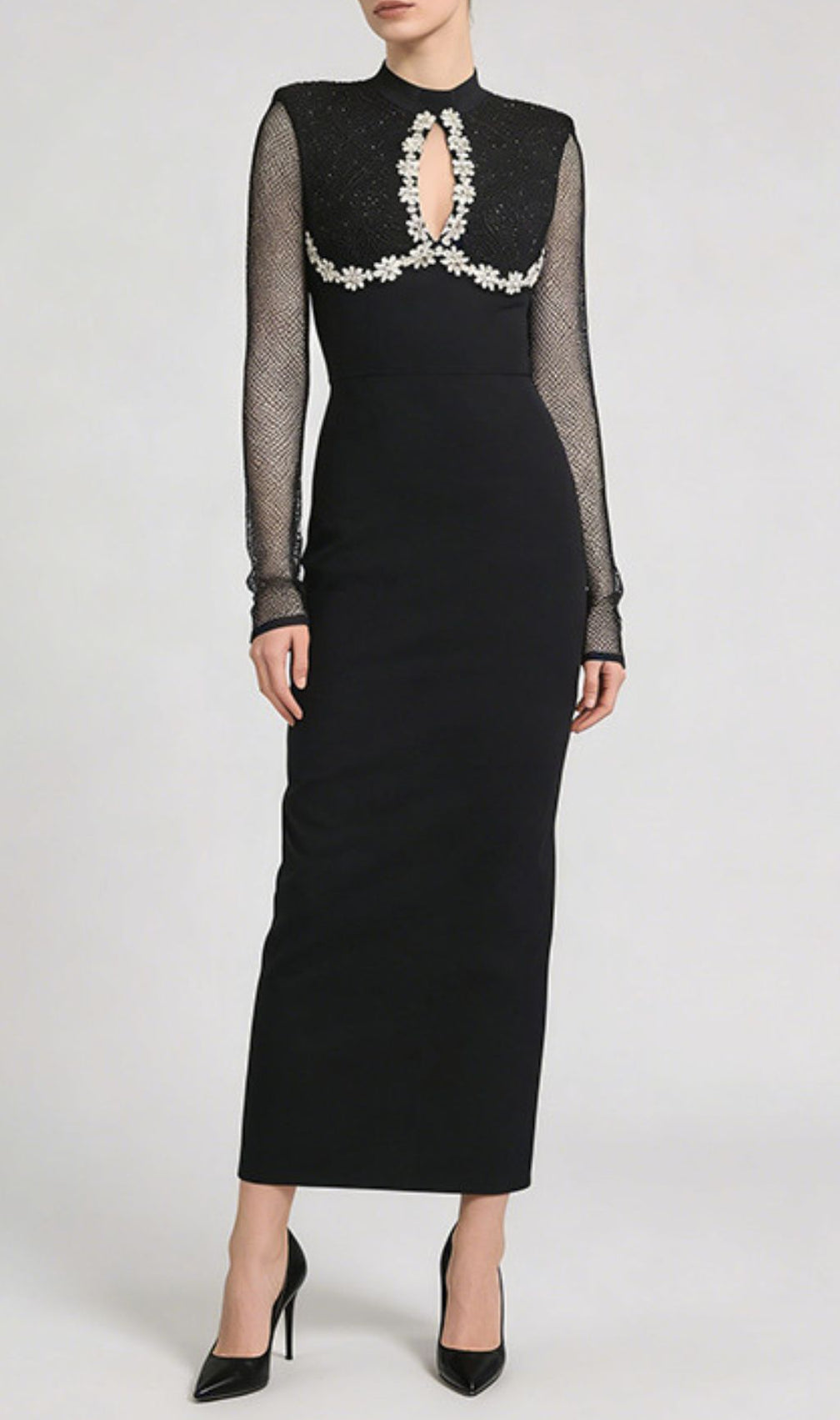 Jaliyah Black Embellished Mesh Sleeve Maxi Dress | Elegant Long Sleeve Gown