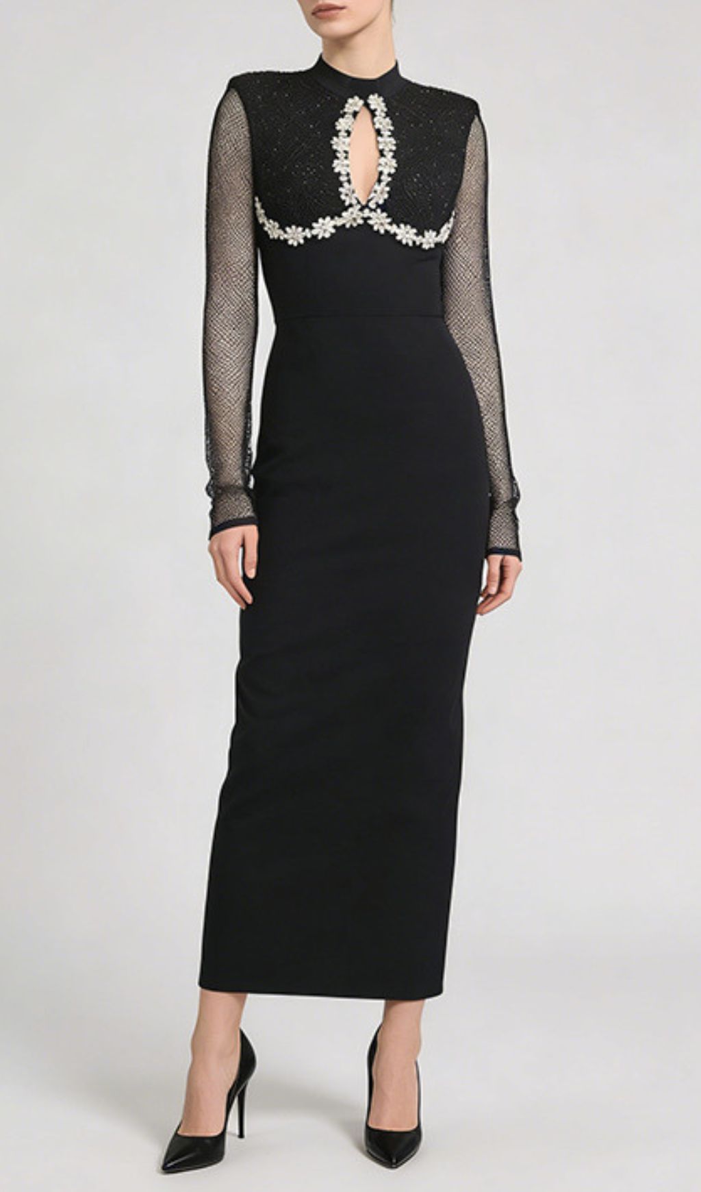 Jaliyah Black Embellished Mesh Sleeve Maxi Dress | Elegant Long Sleeve Gown