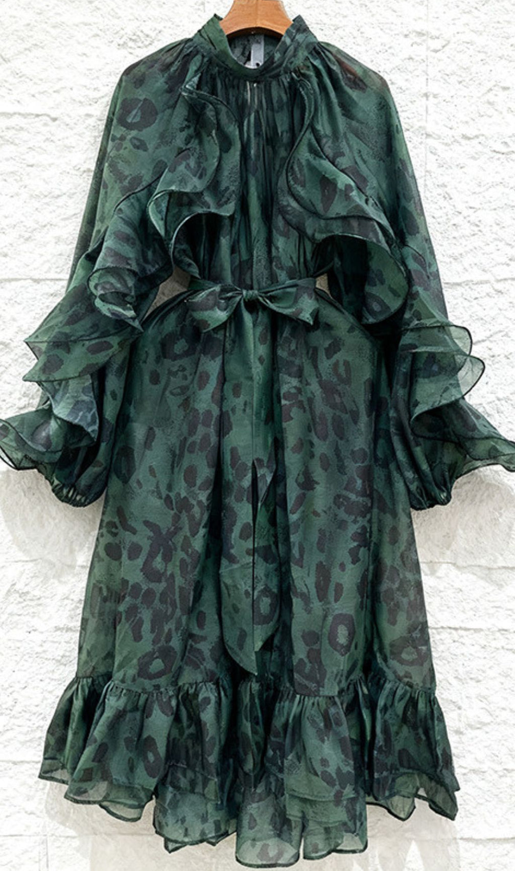 Chic Orange Leopard Ruffle Midi Dress | Long Sleeve Statement Style