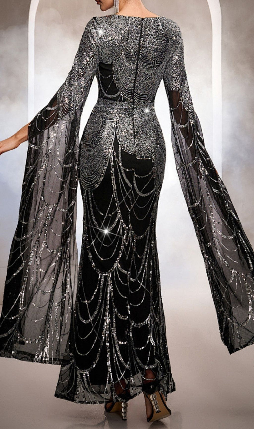 Kathryn Dazzling Black Sequin Maxi Gown | Elegant Cape Sleeves & High Slit Formal Dress