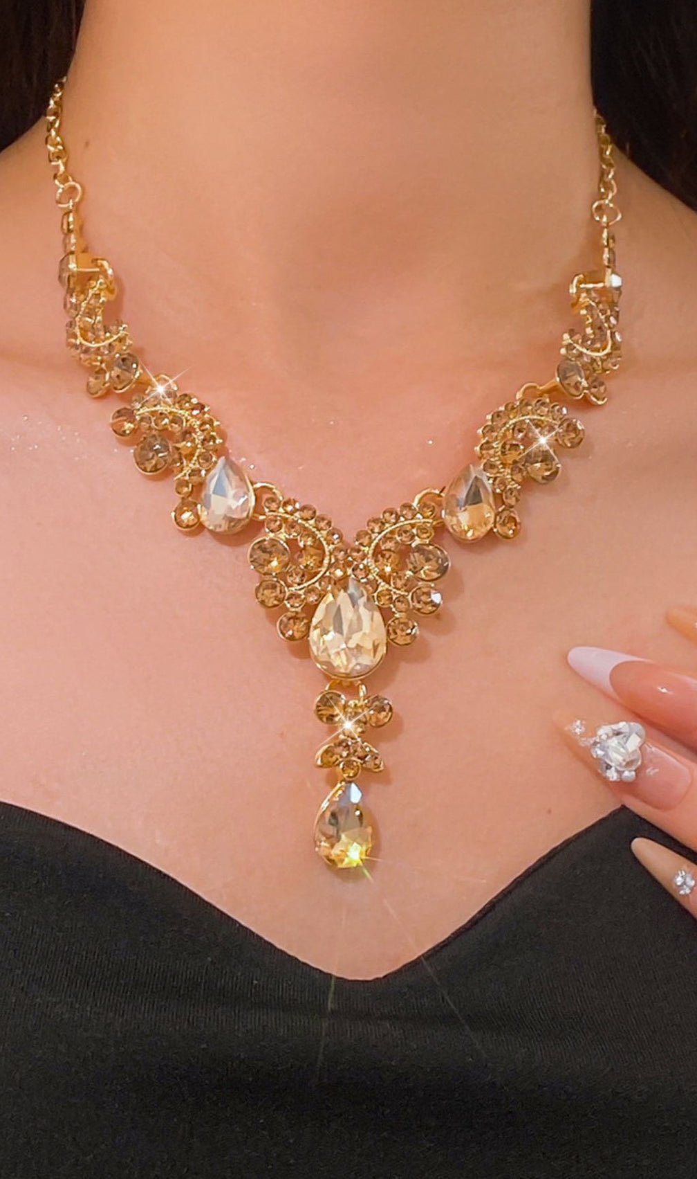 Kahlen Champagne Diamante Statement Necklace & Earrings Set - Gold Tone