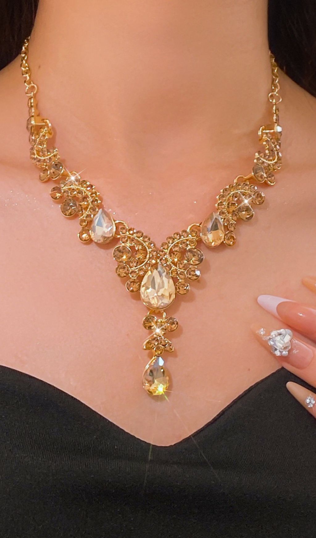 Kahlen Champagne Diamante Statement Necklace & Earrings Set - Gold Tone