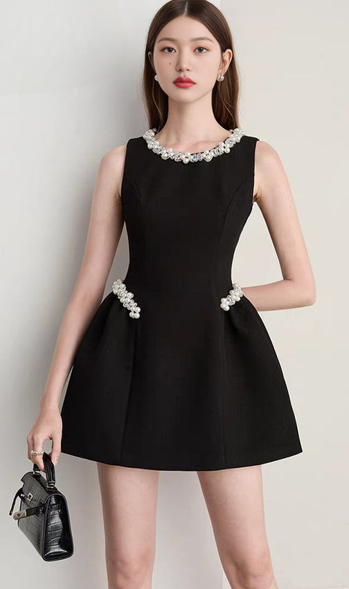 Chic Pearl & Crystal Embellished Black Mini Dress - Sleeveless Party & Cocktail