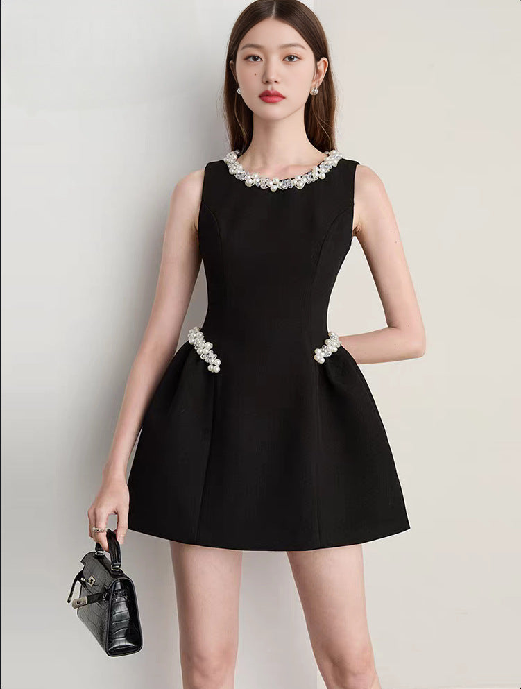 Chic Pearl & Crystal Embellished Black Mini Dress - Sleeveless Party & Cocktail
