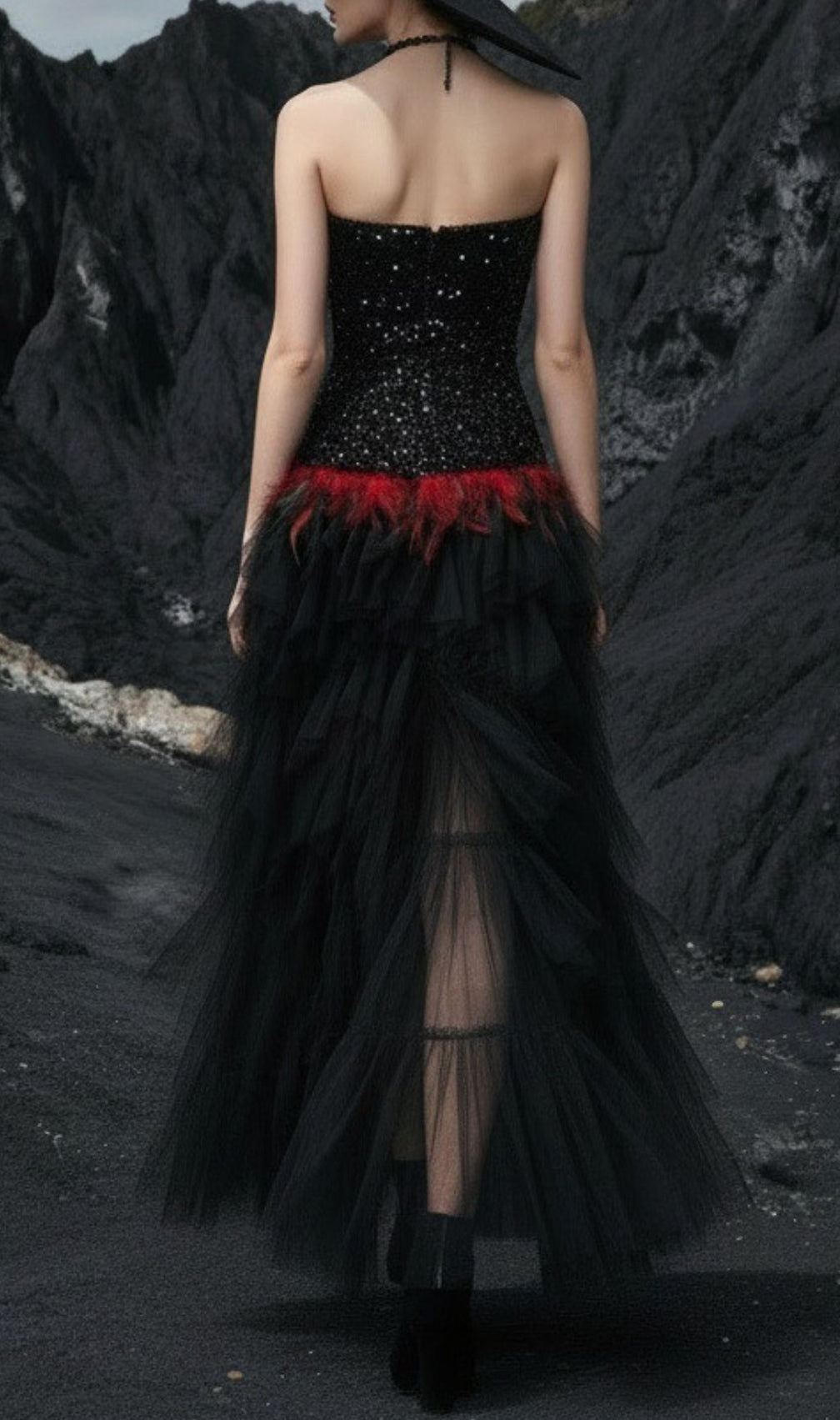 Jainna Black Sequin & Red Feather Strapless Mesh Maxi Gown - Evening Glamour