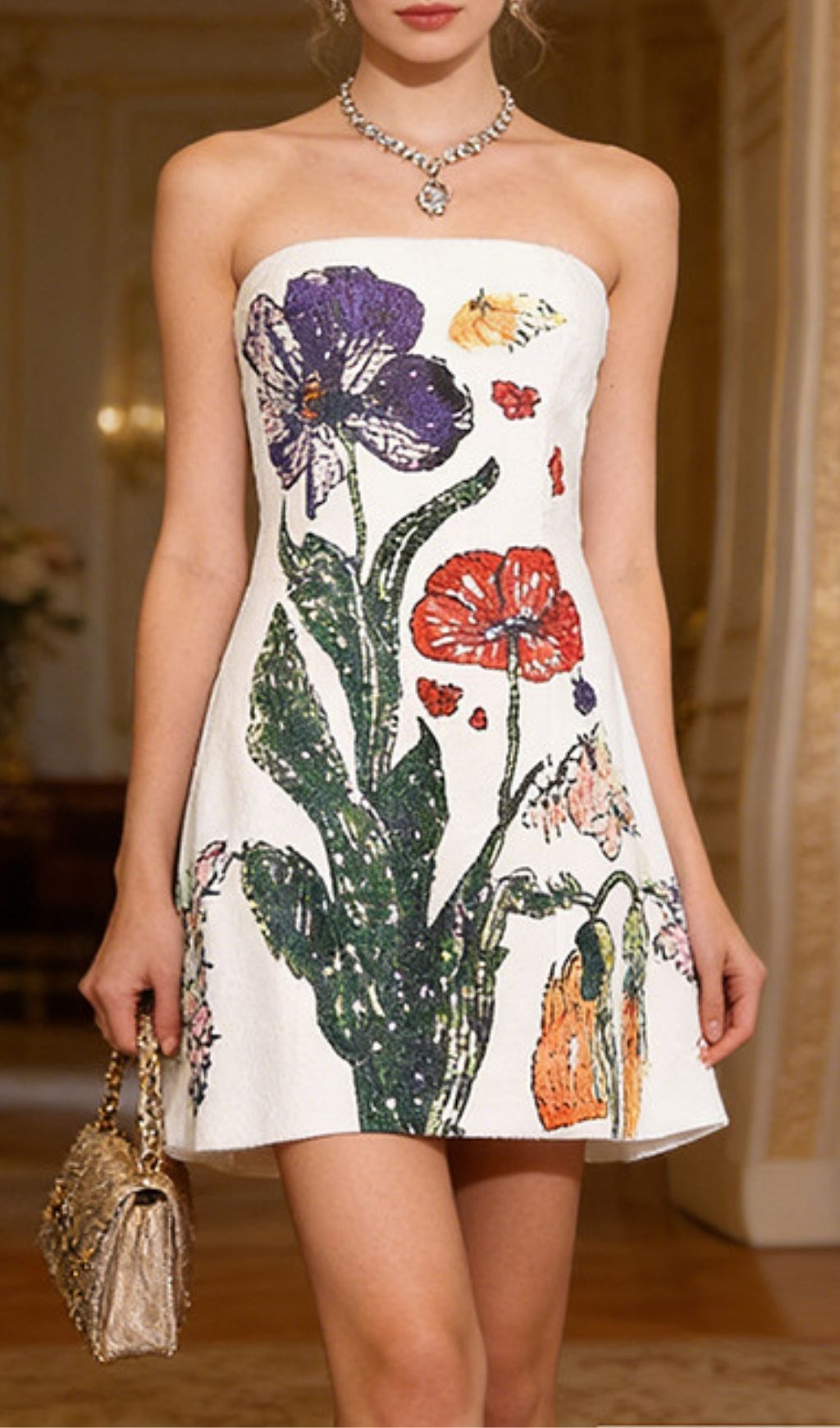 Kenley White Strapless Vibrant Floral Embroidered Mini Dress