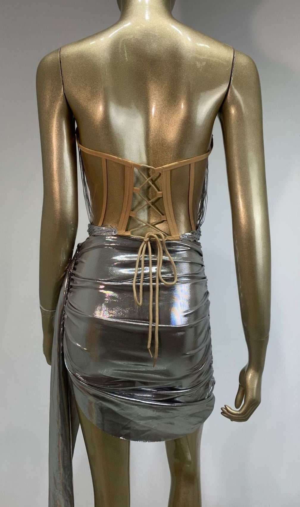 Haylia Silver Sparkle Strapless Corset & Sequin Mini Skirt Set | Glamorous Party Wear