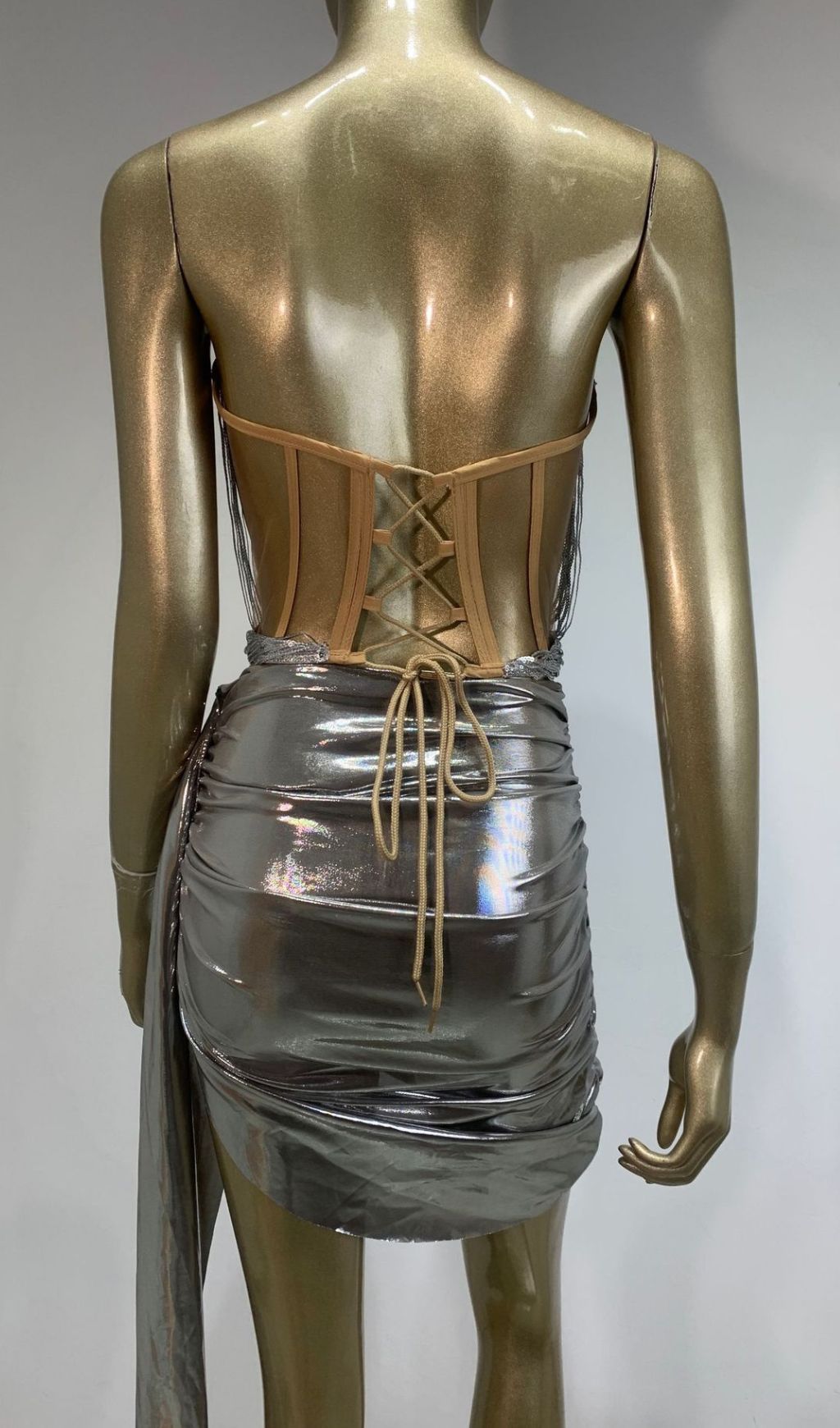 Haylia Silver Sparkle Strapless Corset & Sequin Mini Skirt Set | Glamorous Party Wear